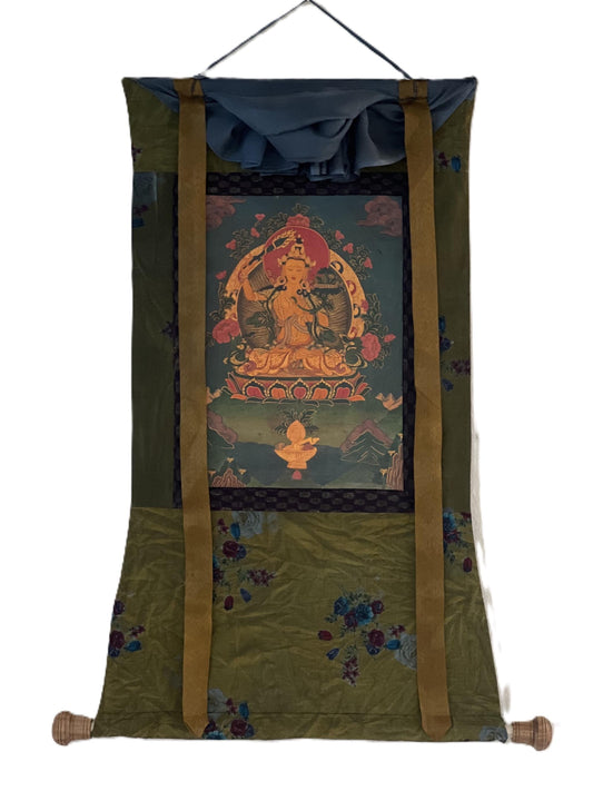 Hand-Painted Manjushri Bodhisattva Thangka, Cotton Brocade, Tibetan Art