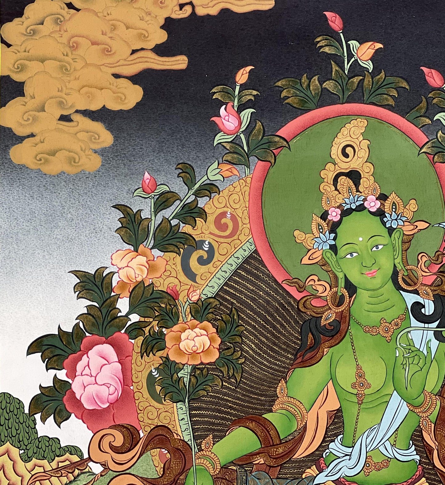 Green Tara Thangka Painting, 24k Gold Tibetan Art, Hand-Painted Masterpiece