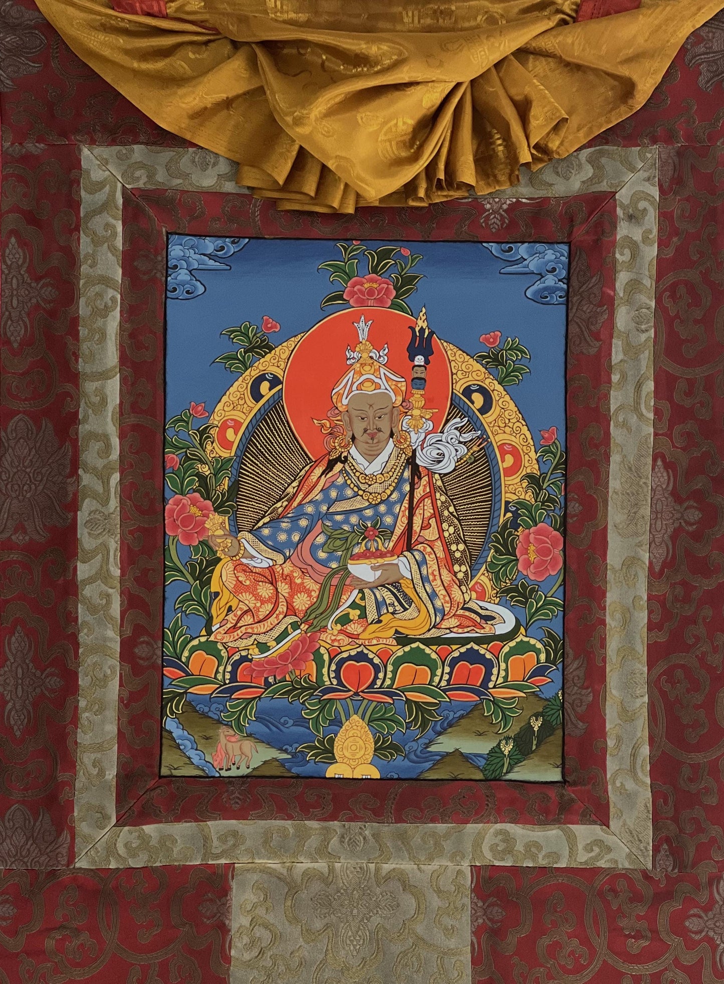 Original Hand-painted Padmasambhava/ Guru Rinpoche/ Masterpiece Tibetan Thangka Painting/ Buddhist Art with Silk Brocade