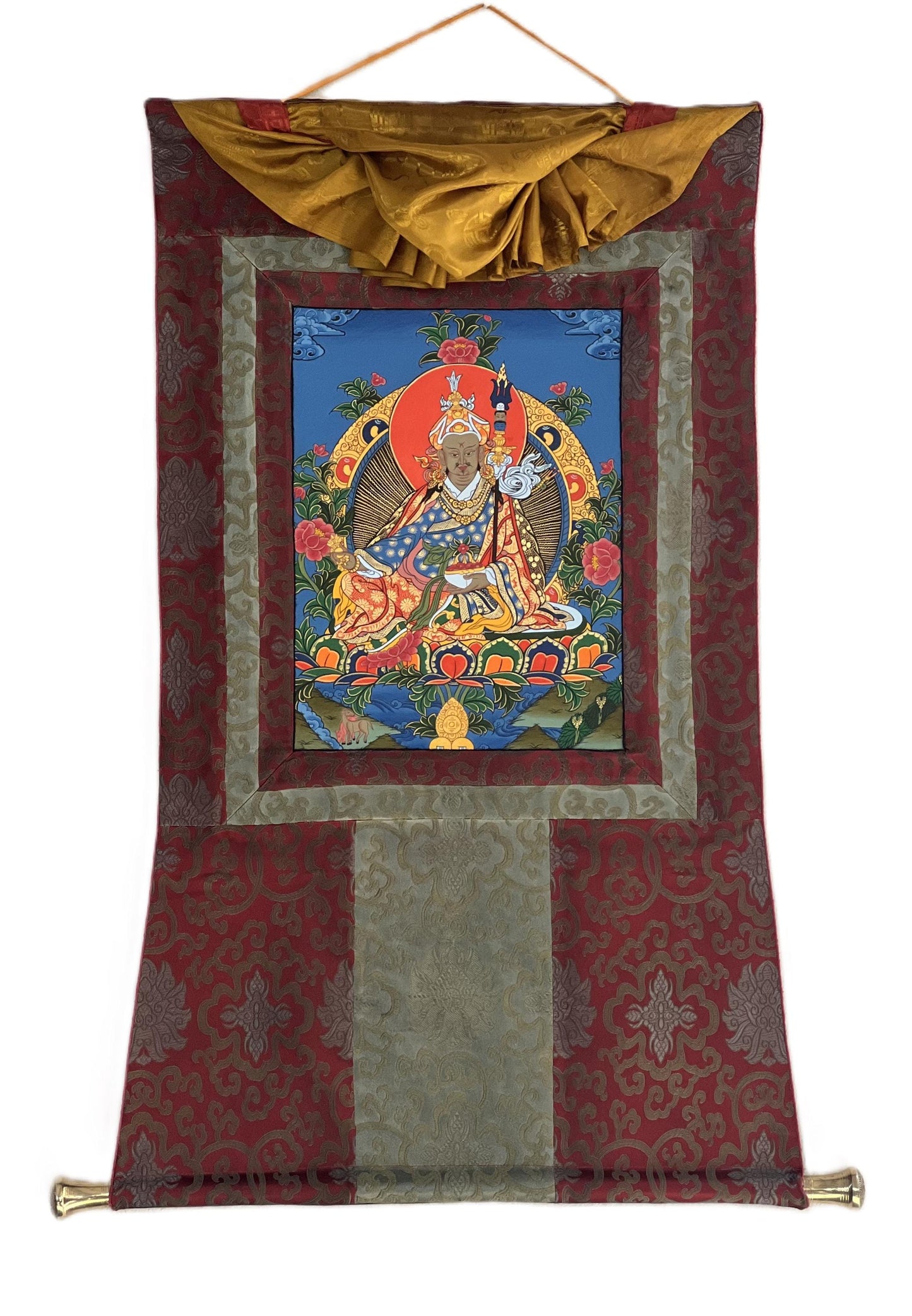 Original Hand-painted Padmasambhava/ Guru Rinpoche/ Masterpiece Tibetan Thangka Painting/ Buddhist Art with Silk Brocade