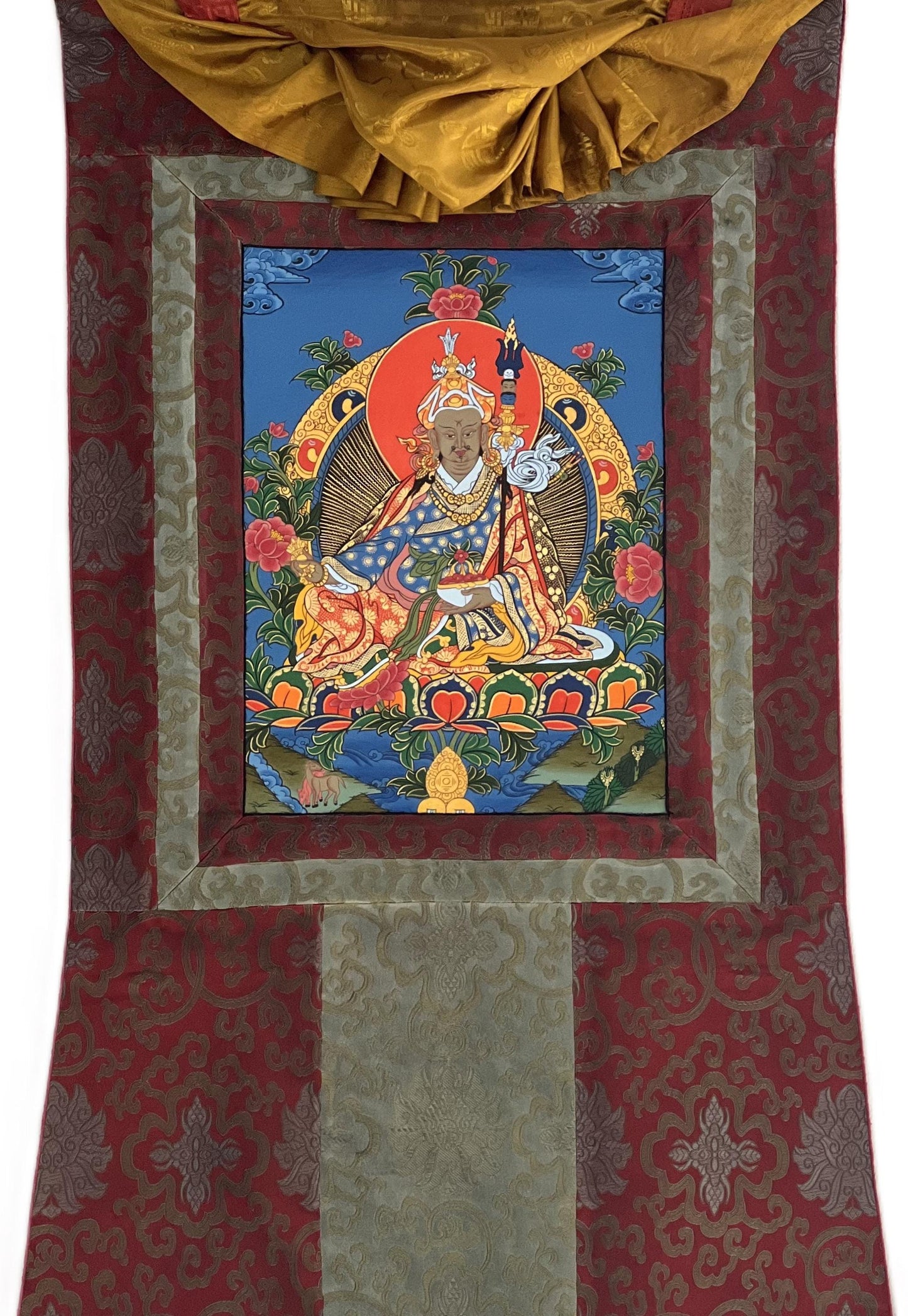 Original Hand-painted Padmasambhava/ Guru Rinpoche/ Masterpiece Tibetan Thangka Painting/ Buddhist Art with Silk Brocade