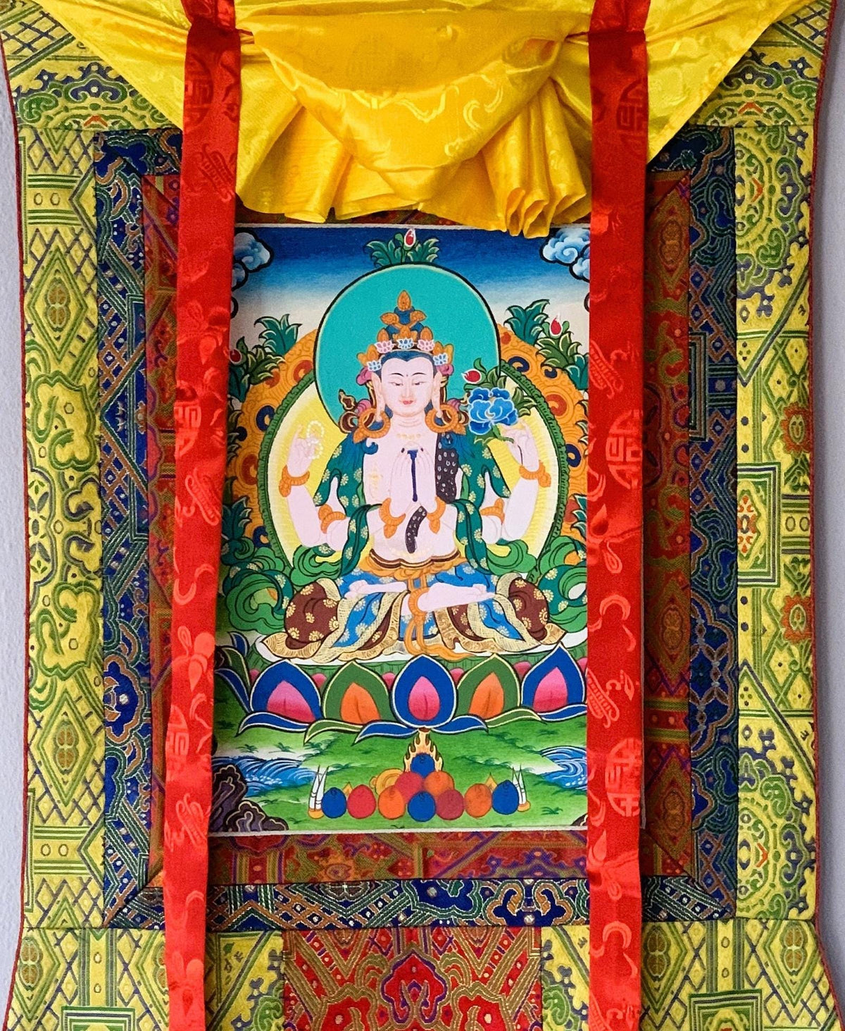 Chenrezig Thangka Painting with Silk Brocade, Tibetan Art