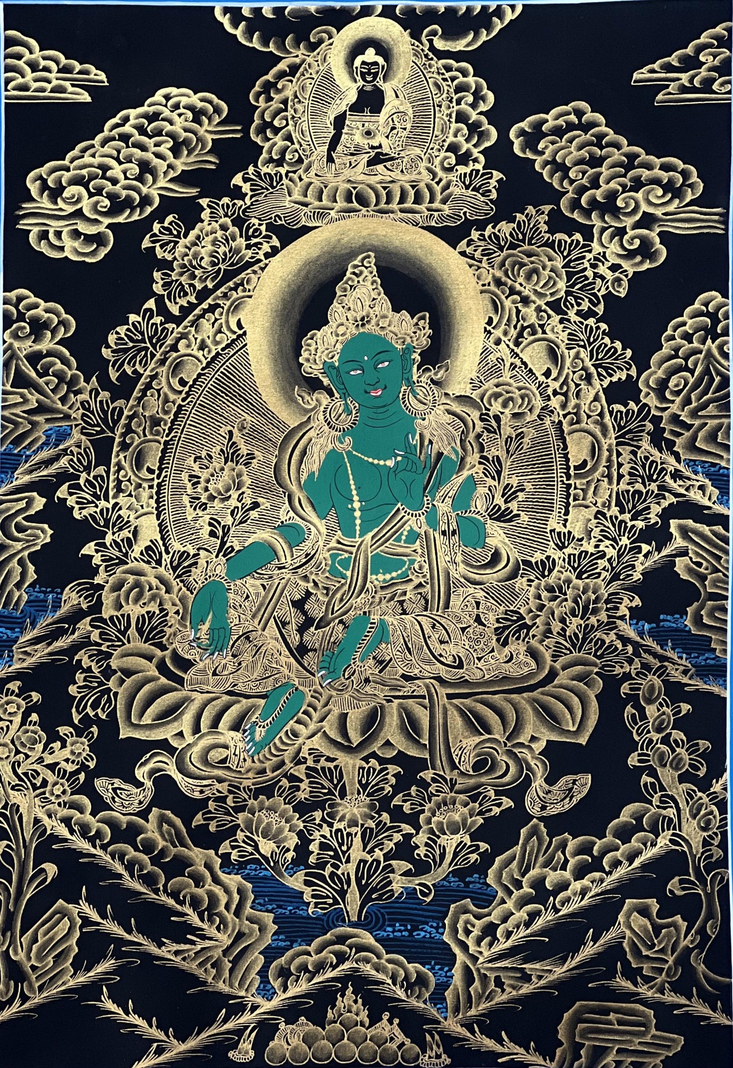 Hand-Painted Green Tara Thangka with Silk Brocade - Tibetan Buddhist Art