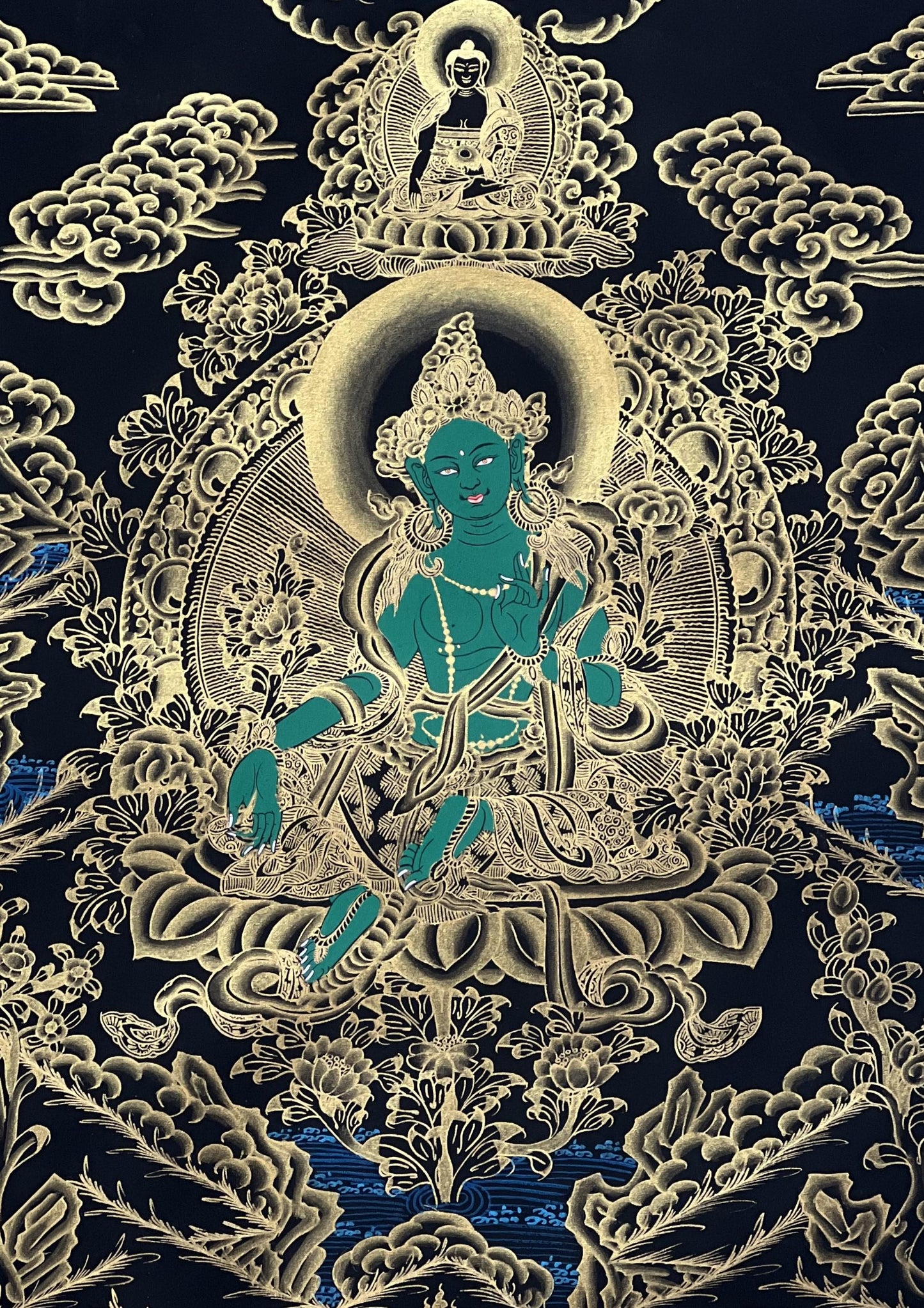Hand-Painted Green Tara Thangka with Silk Brocade - Tibetan Buddhist Art