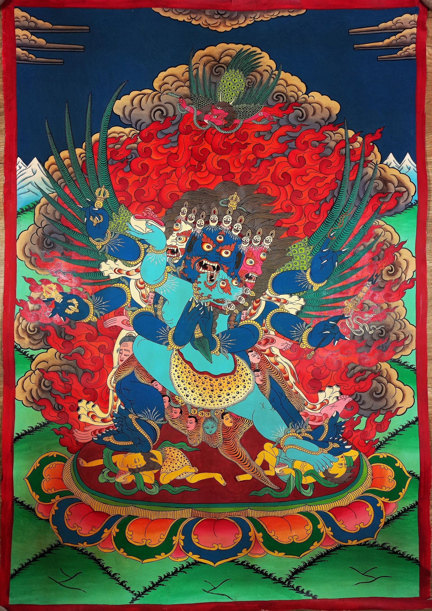 Hand-Painted Vajrakilaya Thangka Painting - Smoky Tibetan Art, 27x40 in