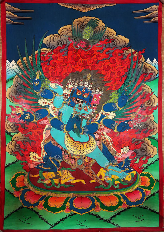 Hand-Painted Vajrakilaya Thangka Painting - Smoky Tibetan Art, 27x40 in