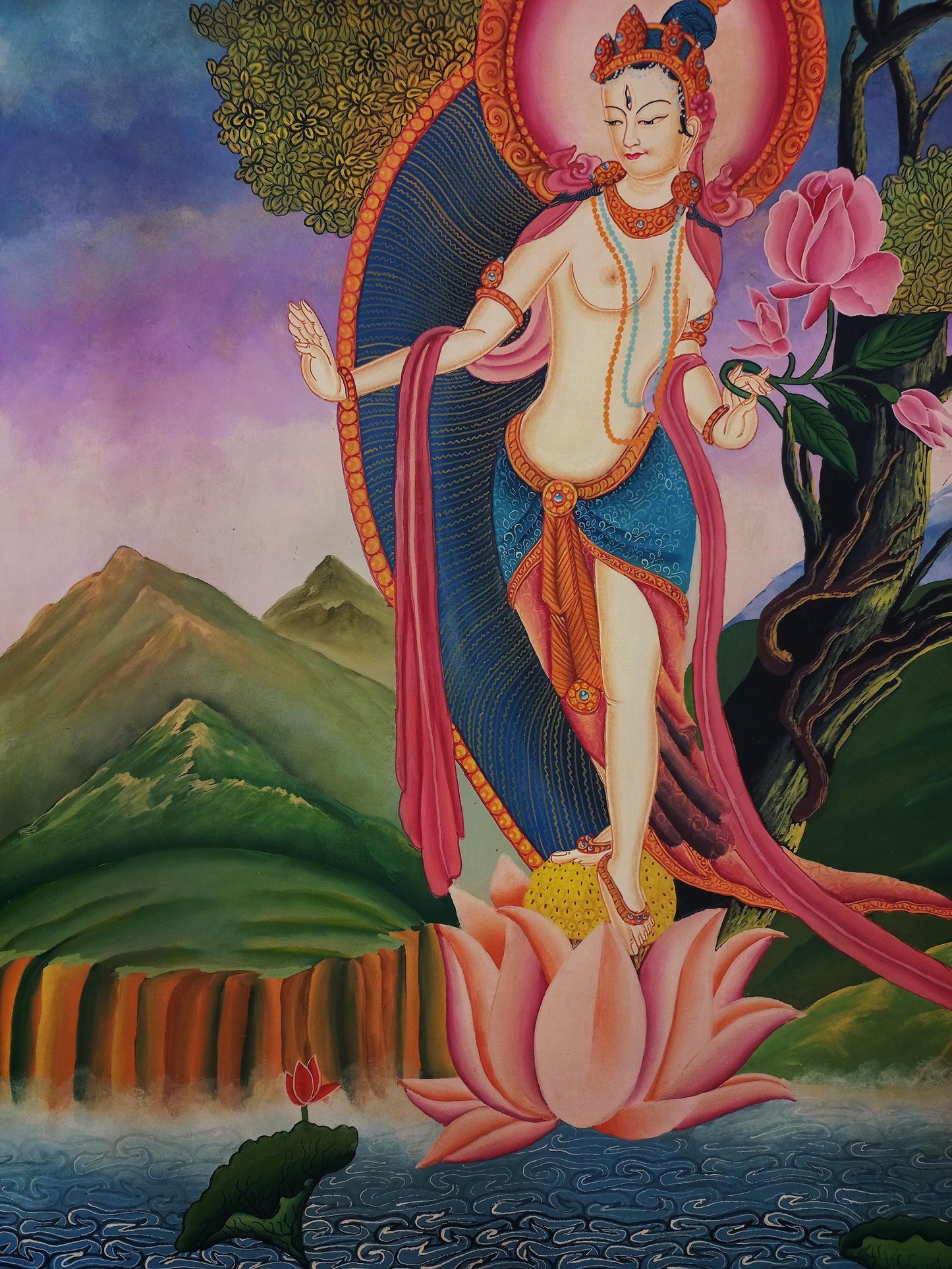White Tara Thangka Painting, Newari Paubha Art, Handmade Cotton Canvas
