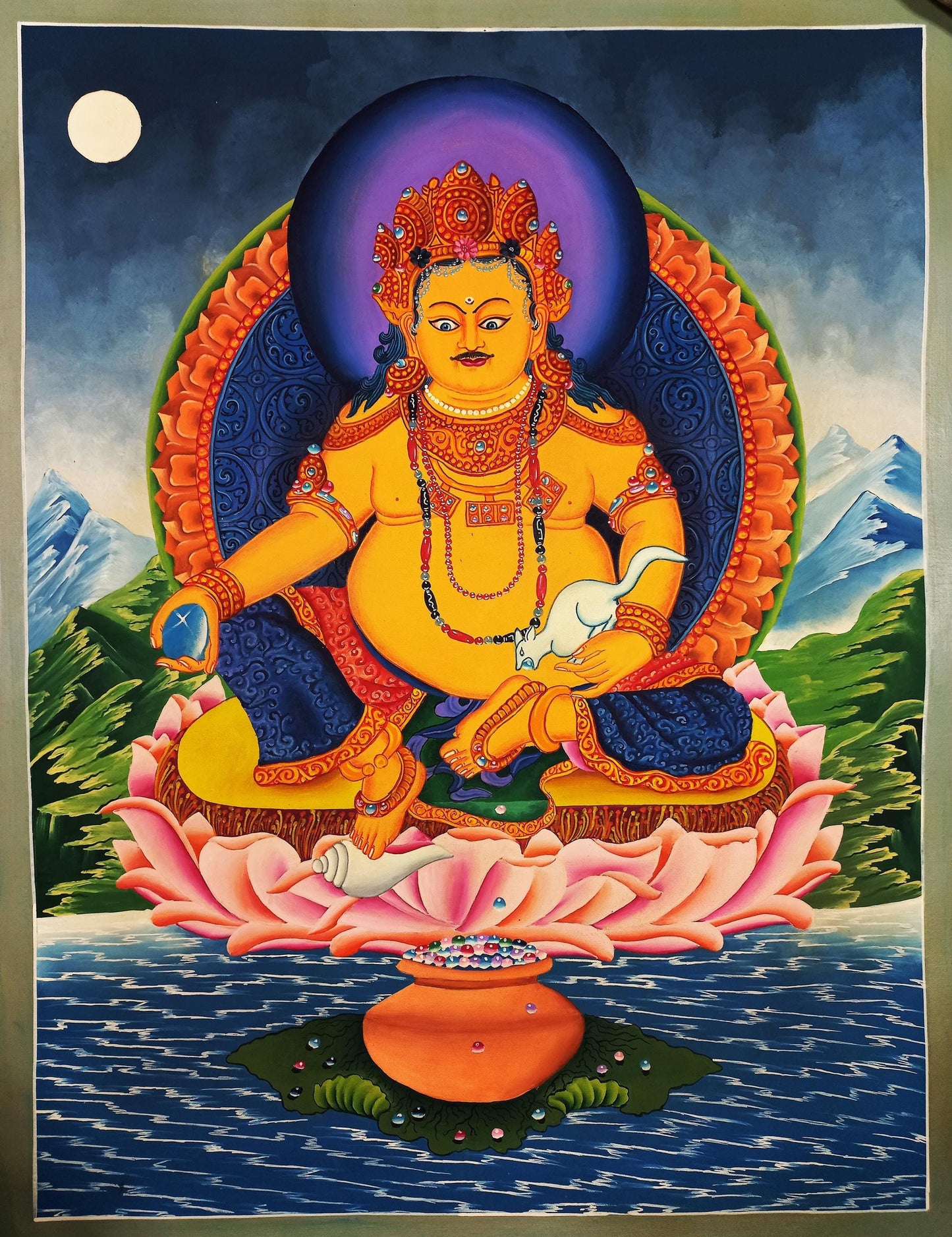 Hand-Painted Jambhala Thangka Painting: God of Wealth, Tibetan Art