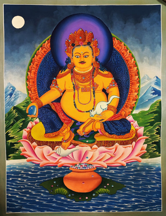 Hand-Painted Jambhala Thangka Painting: God of Wealth, Tibetan Art