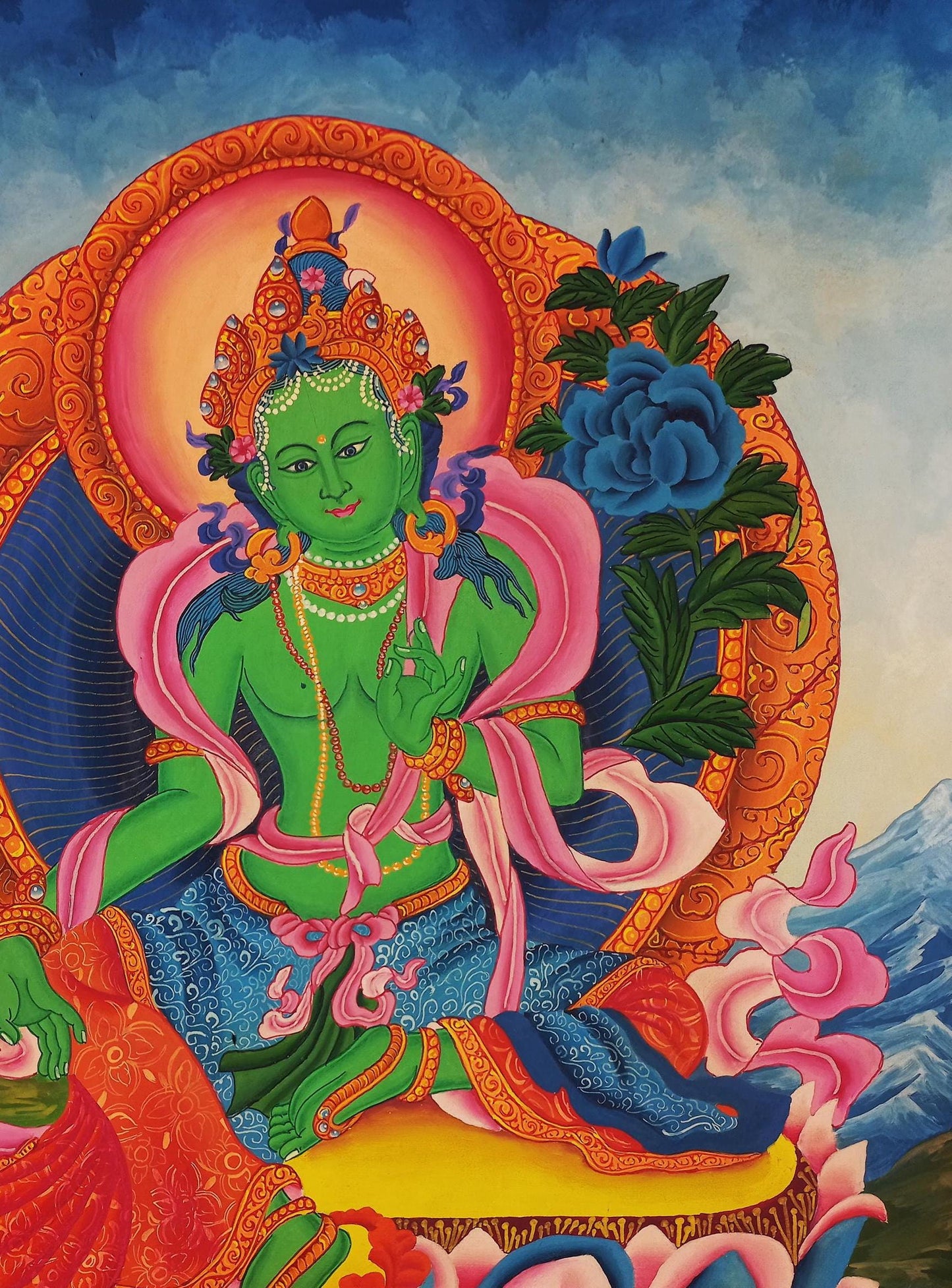 Green Tara Thangka Painting | Hand-Painted Newari Paubha Art