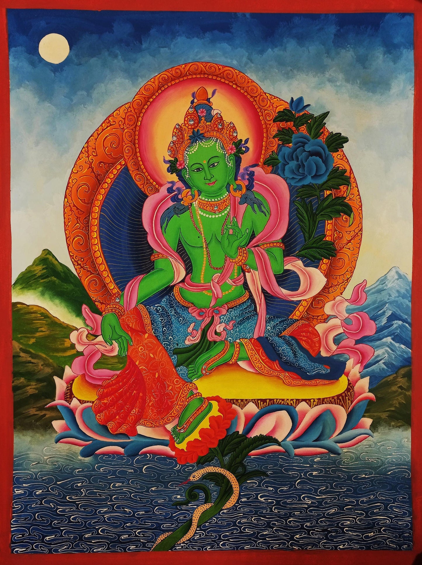 Green Tara Thangka Painting | Hand-Painted Newari Paubha Art