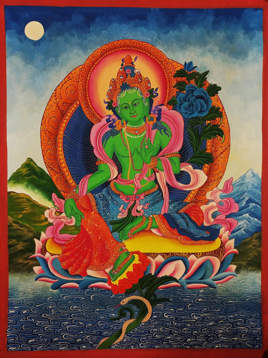 Green Tara Thangka Painting | Hand-Painted Newari Paubha Art