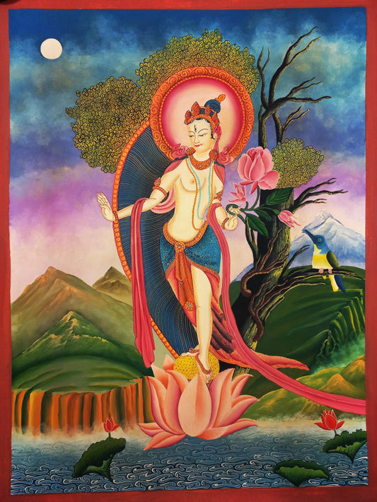White Tara Thangka Painting, Newari Paubha Art, Handmade Cotton Canvas