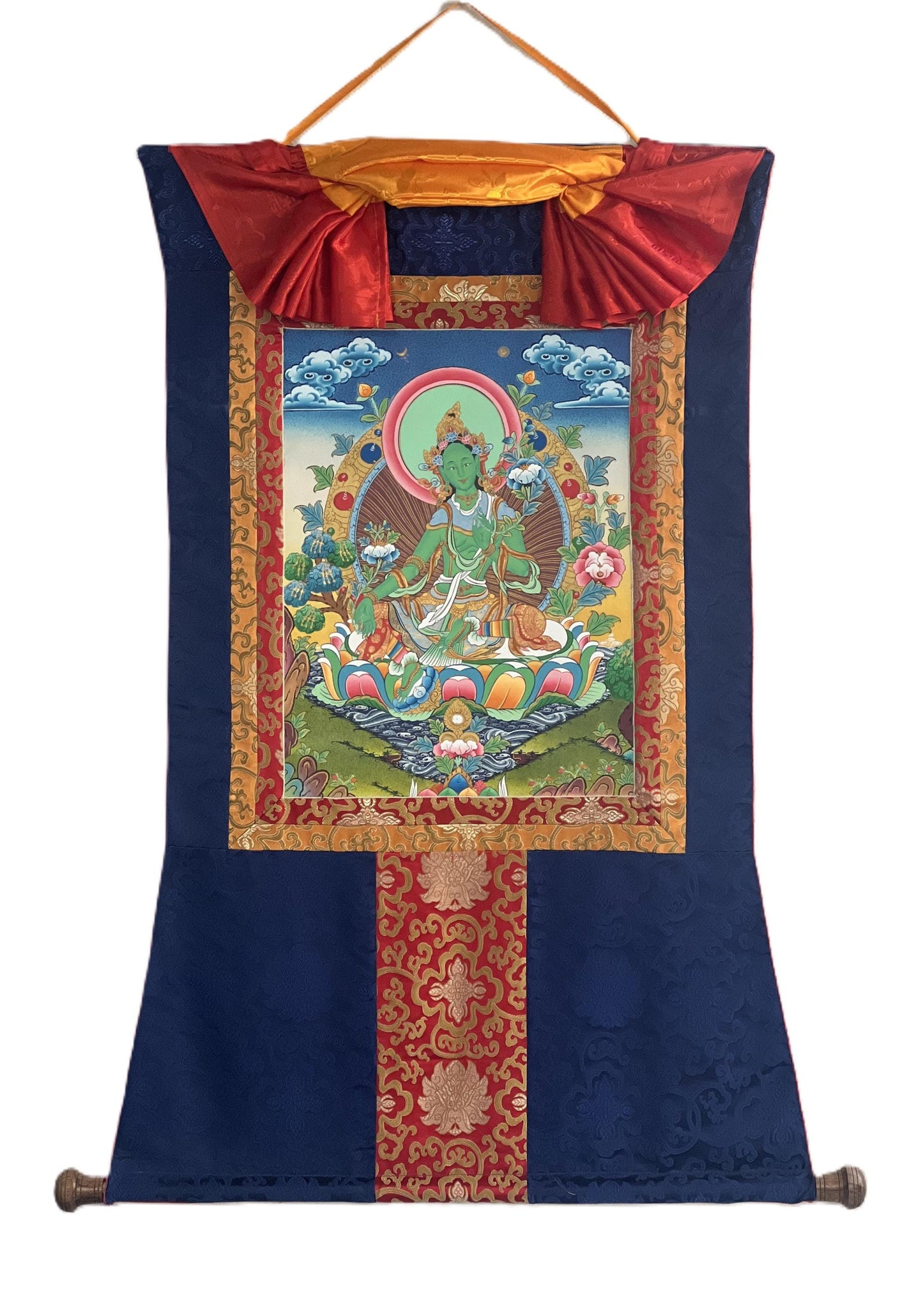 Green Tara Thanka Painting, Original Tibetan Silk Brocade Art
