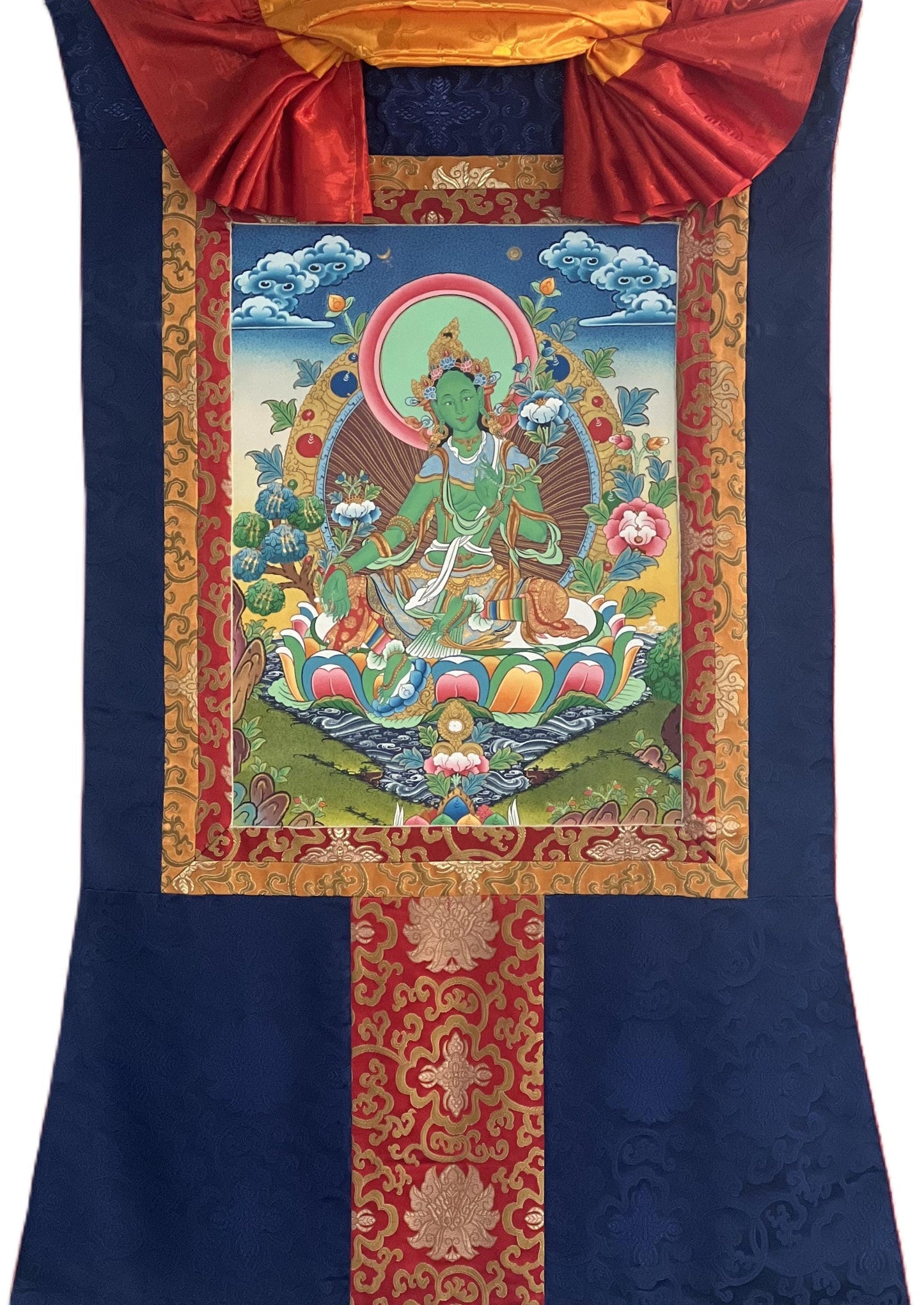 Green Tara Thanka Painting, Original Tibetan Silk Brocade Art