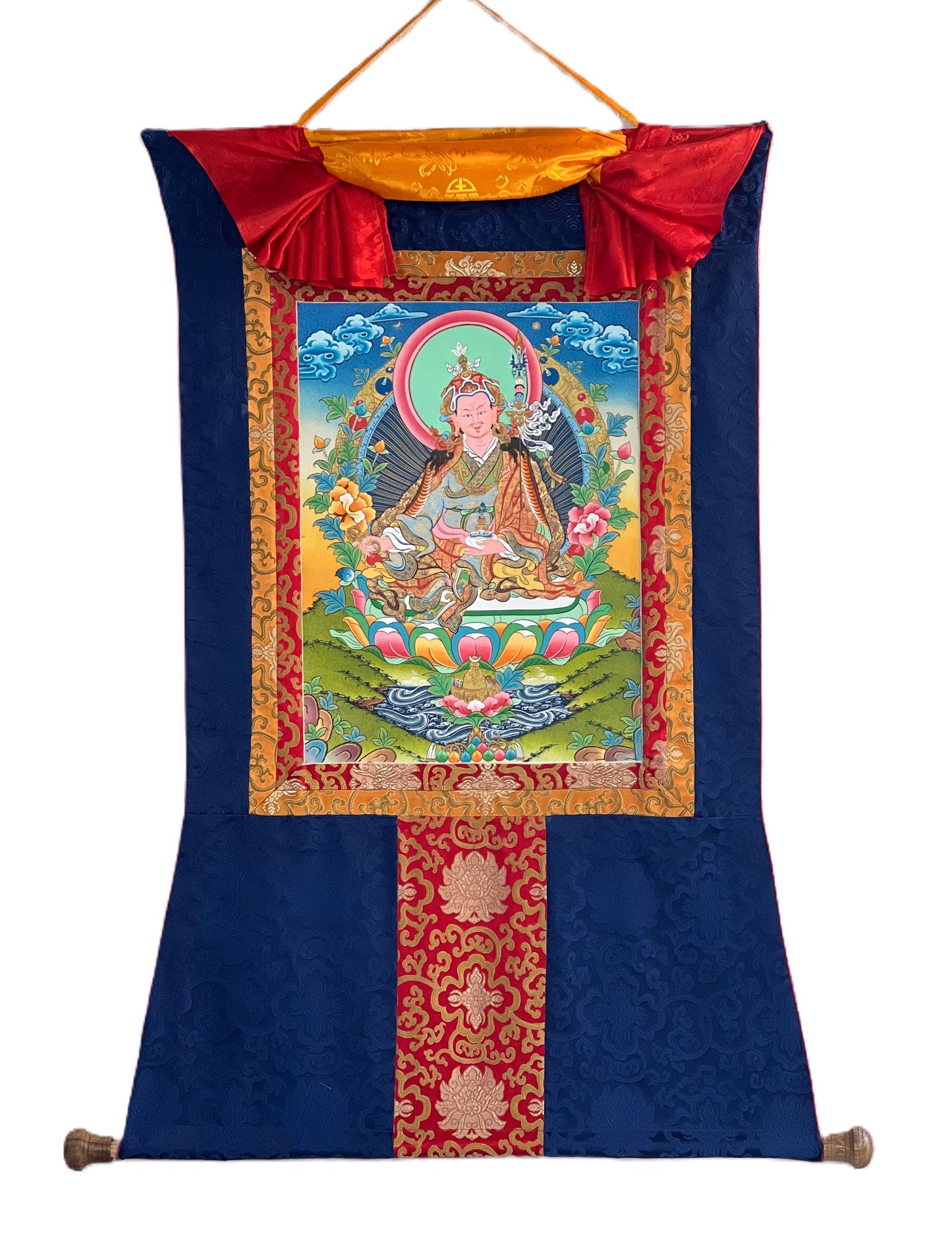 Guru Rinpoche Thangka Painting, Hand-Painted Gold Accents, Tibetan Silk Brocade