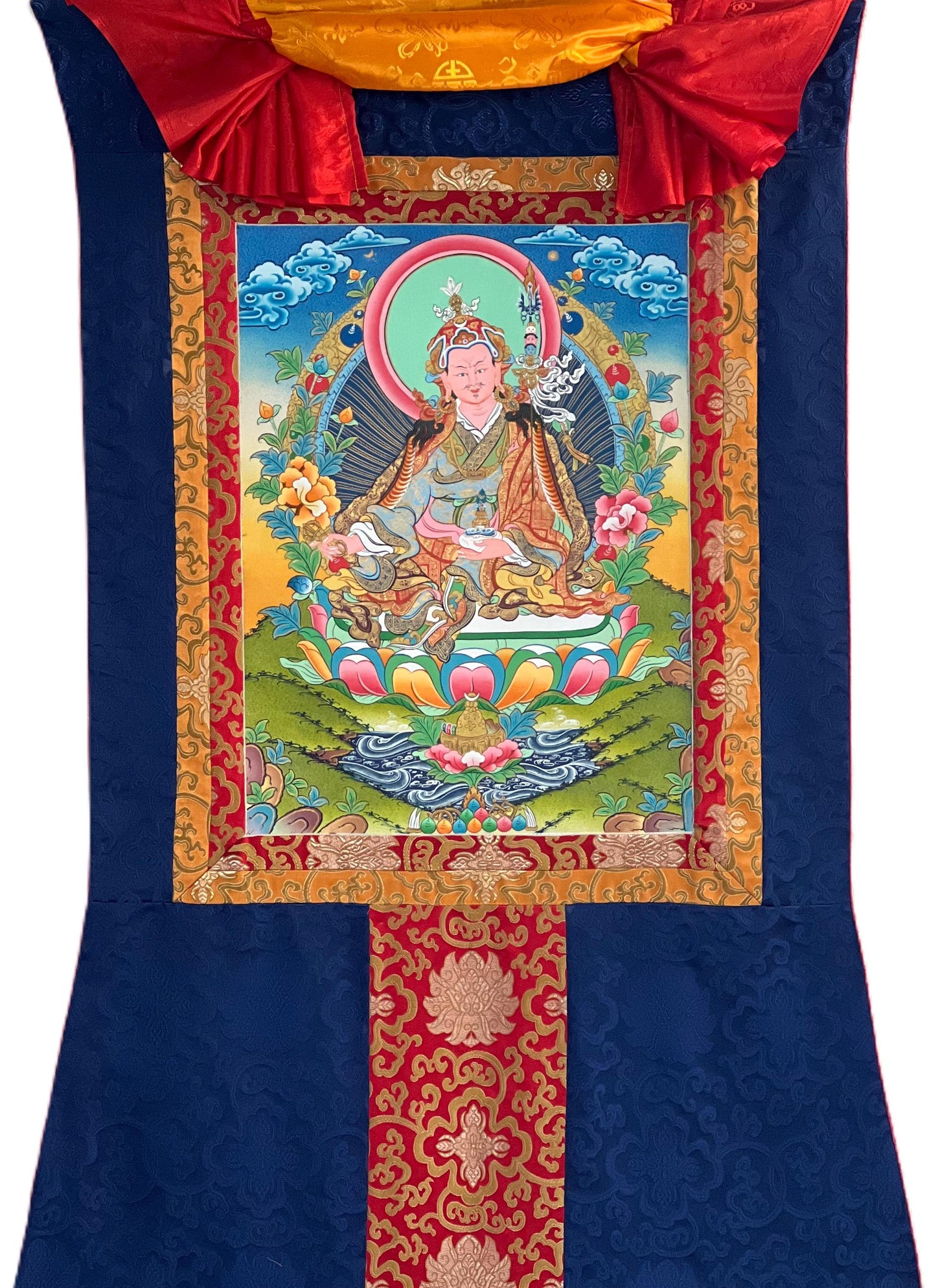 Guru Rinpoche Thangka Painting, Hand-Painted Gold Accents, Tibetan Silk Brocade