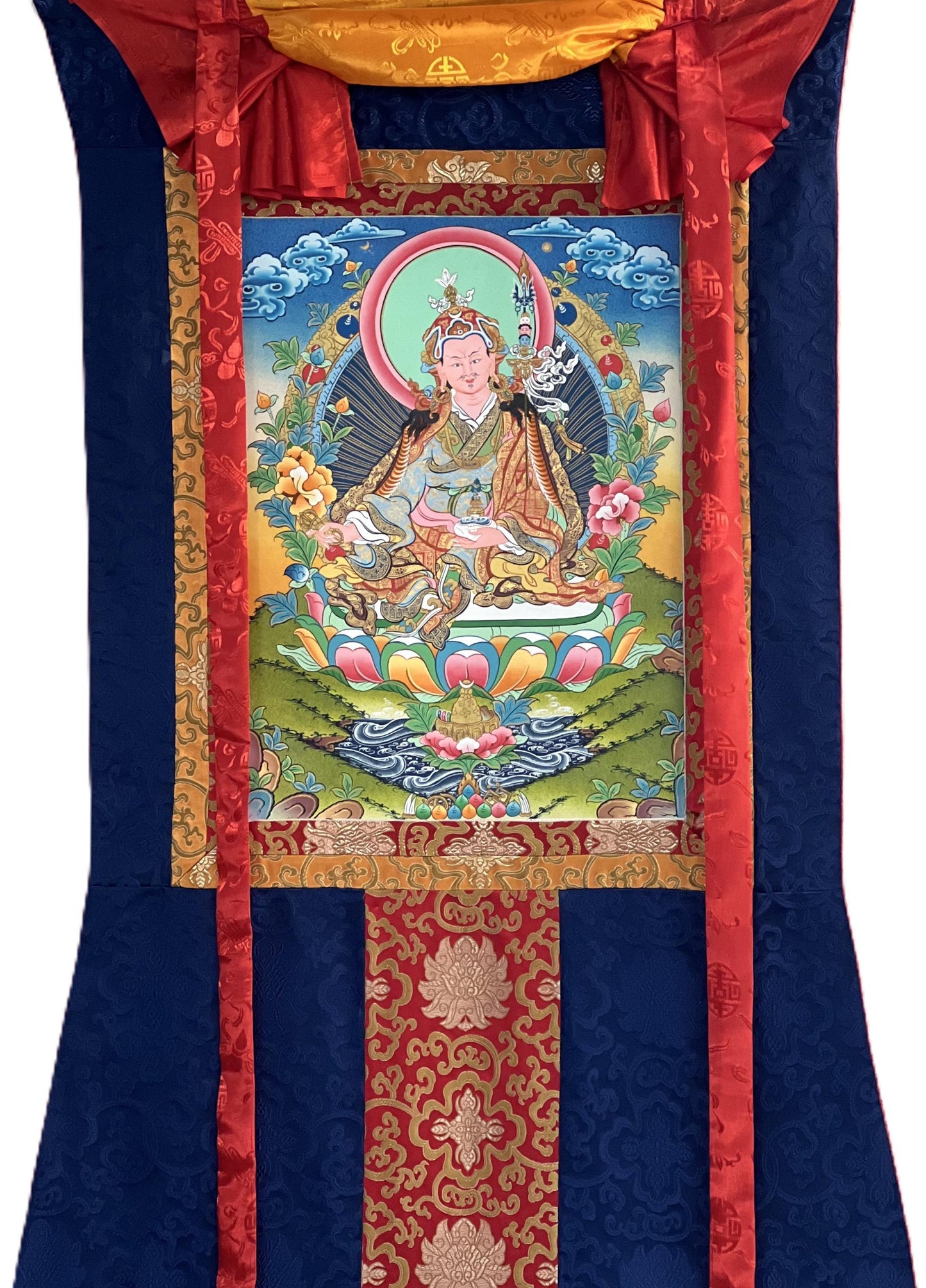 Guru Rinpoche Thangka Painting, Hand-Painted Gold Accents, Tibetan Silk Brocade