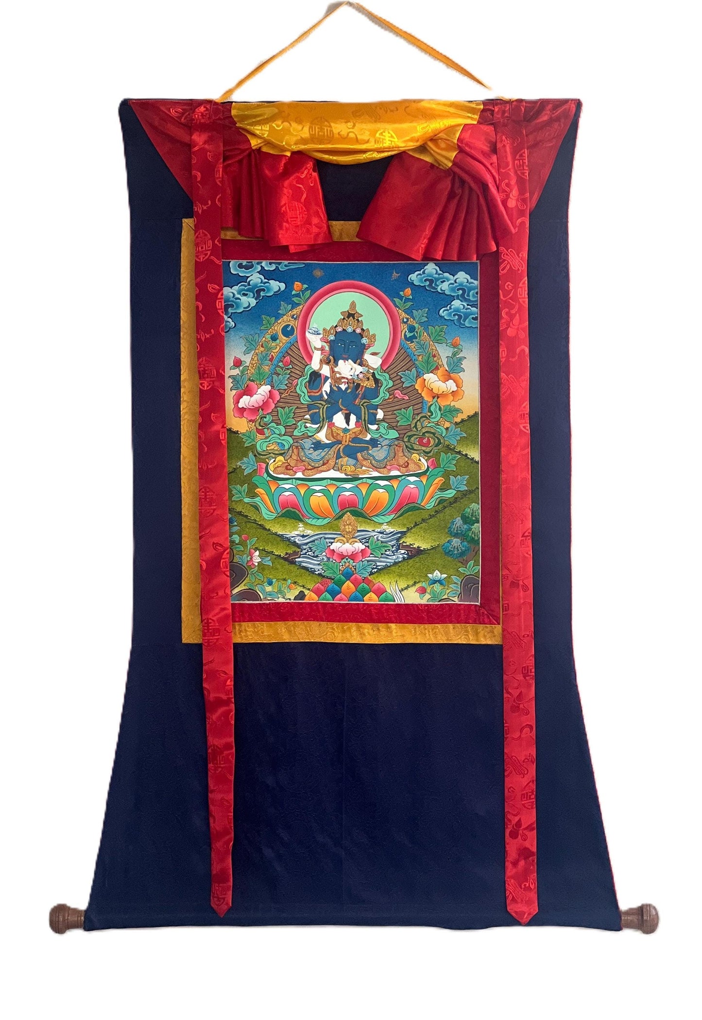 Vajradhara Shakti Thangka Painting, Silk Brocade Framed Tibetan Art