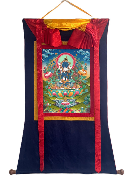 Vajradhara Shakti Thangka Painting, Silk Brocade Framed Tibetan Art