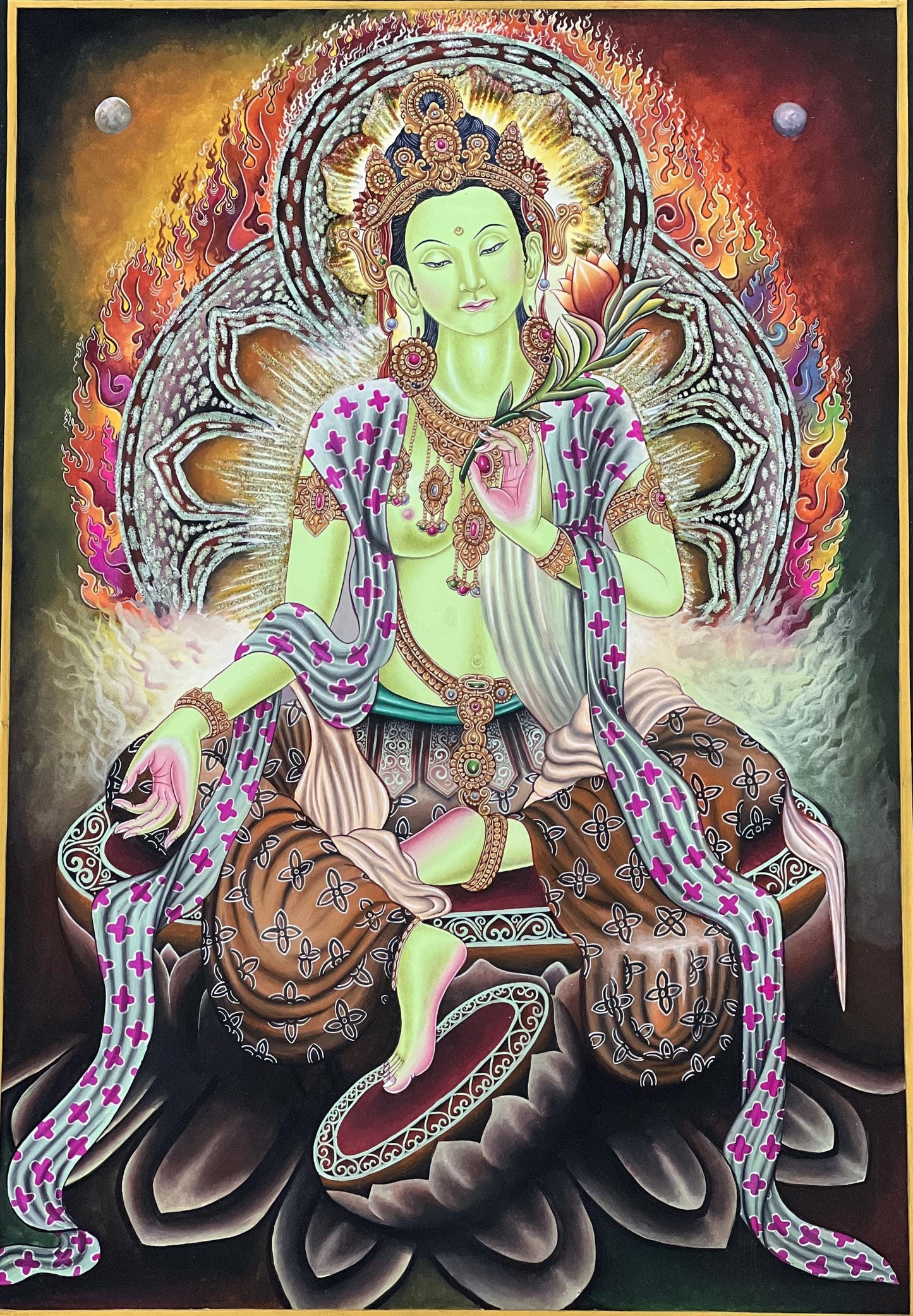 Green Tara Thangka Painting – Newari Paubha Art, Gold & Stone Powder