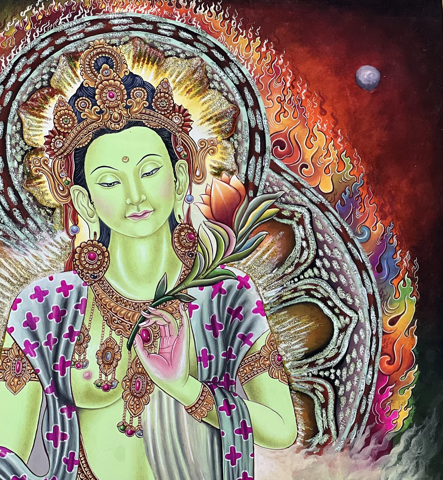 Green Tara Thangka Painting – Newari Paubha Art, Gold & Stone Powder