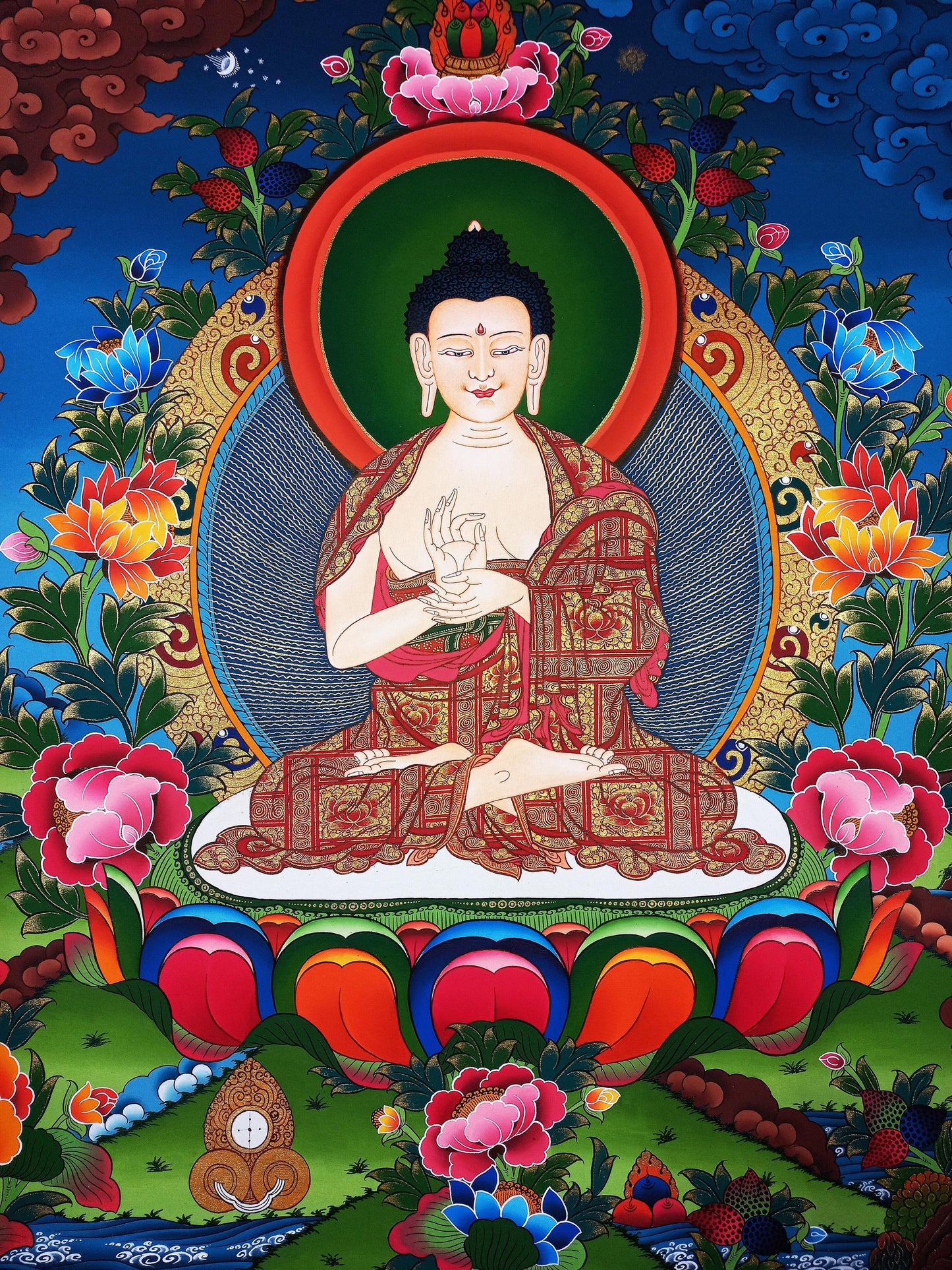Vairocana Buddha Thangka | Hand-Painted Gold Tibetan Buddhist Art
