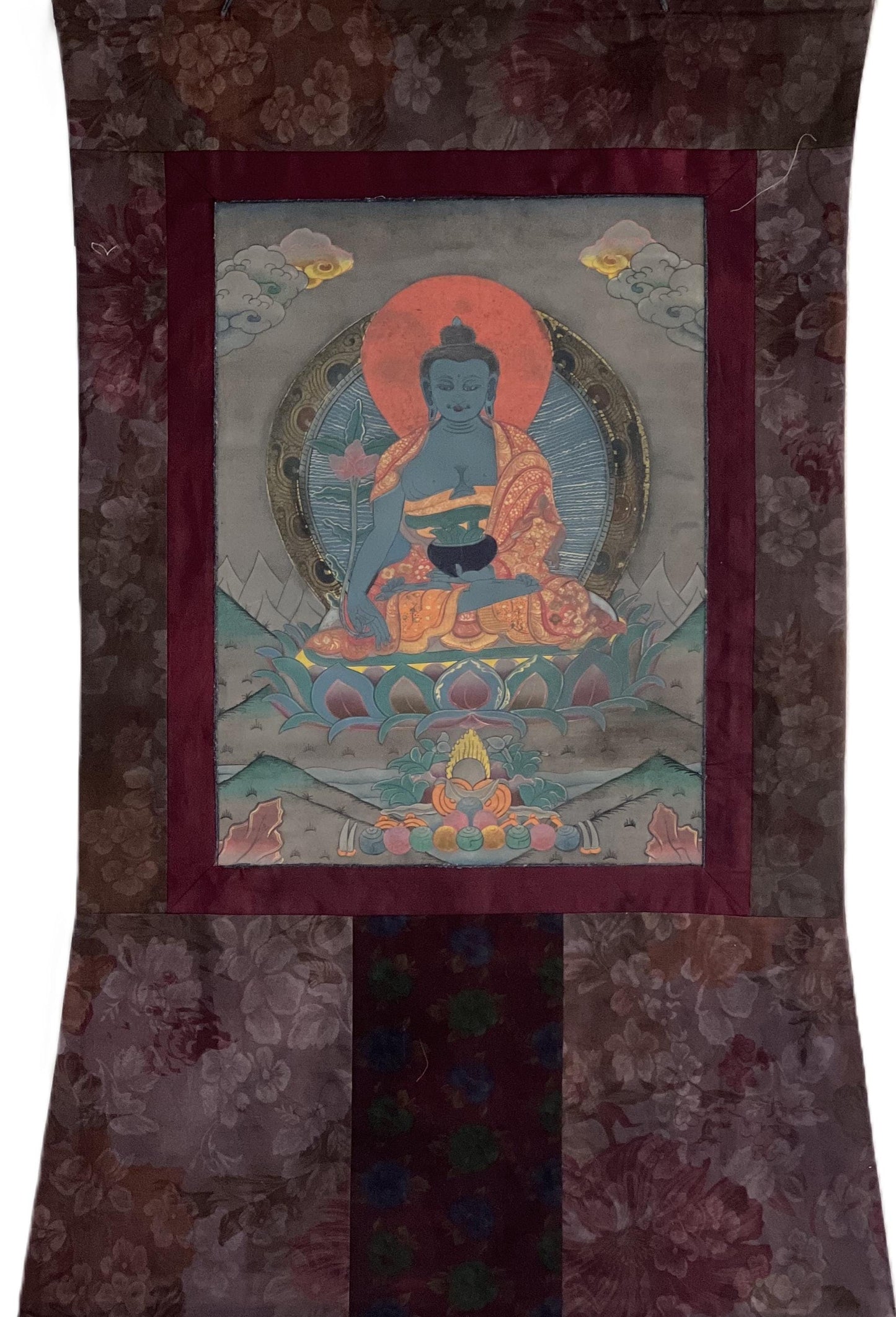 Old Medicine Buddha Thangka | Hand-Painted Bhaisajyaguru Healing Art with Silk Brocade
