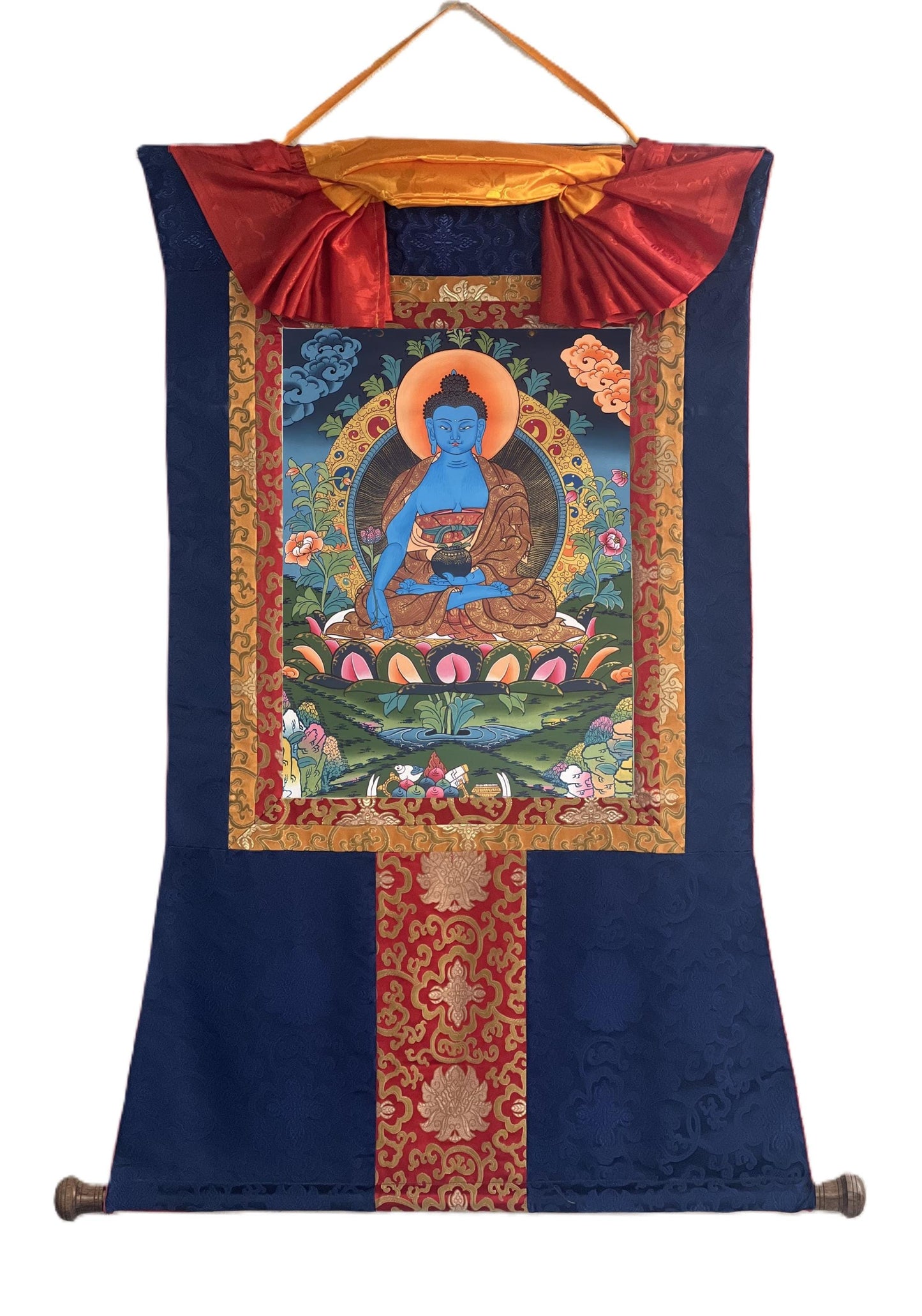 Hand-Painted Medicine Buddha Thangka Painting with Silk Brocade