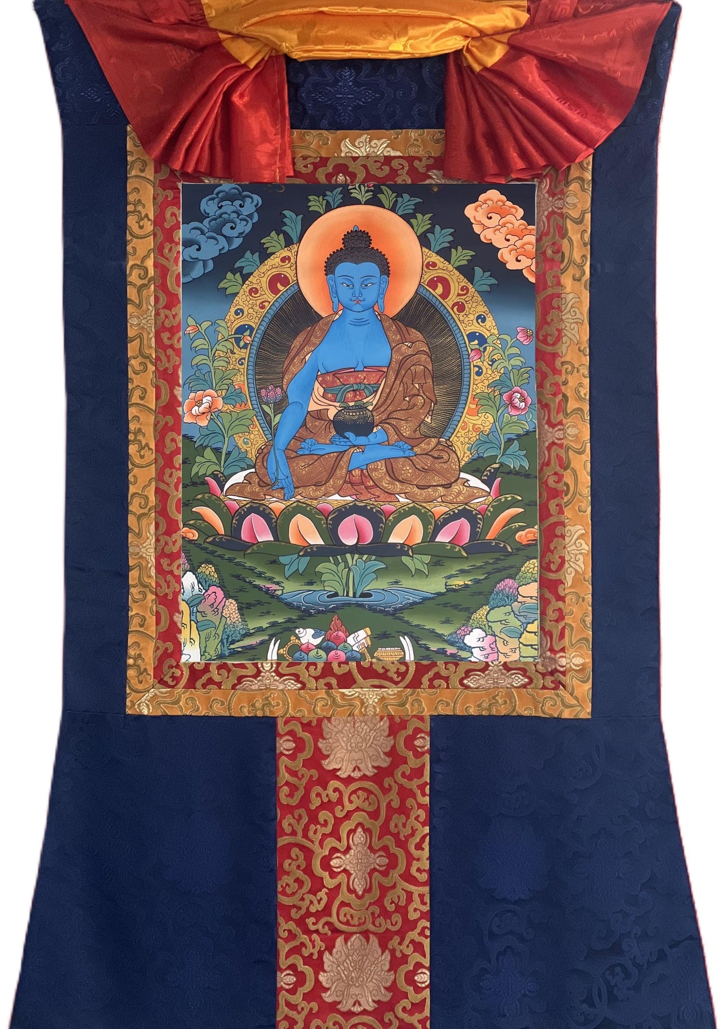 Hand-Painted Medicine Buddha Thangka Painting with Silk Brocade