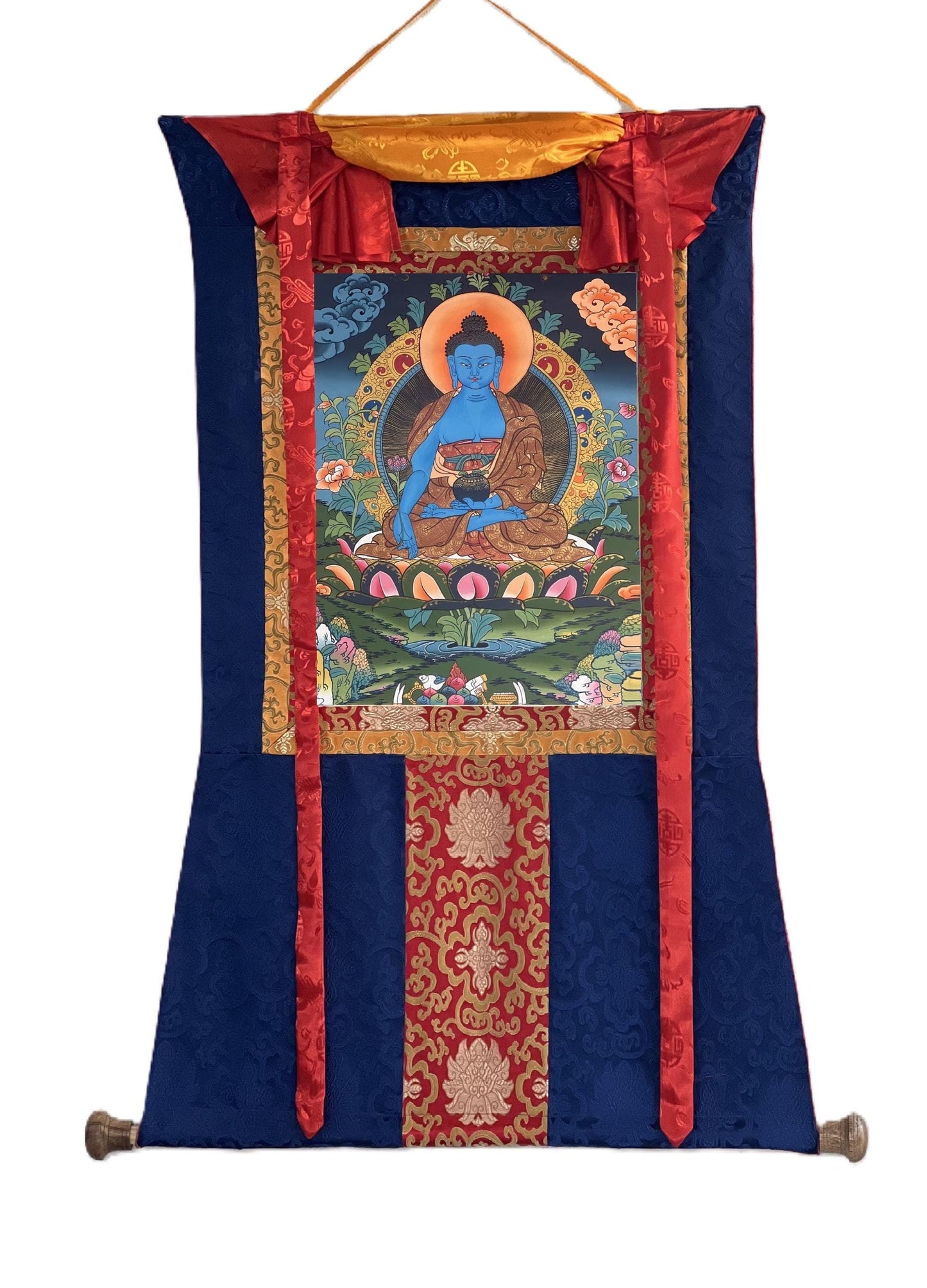 Hand-Painted Medicine Buddha Thangka Painting with Silk Brocade