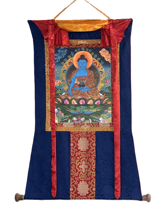 Hand-Painted Medicine Buddha Thangka Painting with Silk Brocade