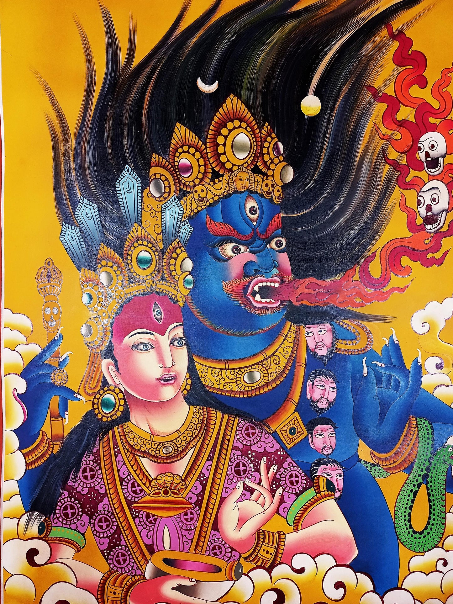 Hand-Painted Bhairava and Kumari Thangka Painting: Hindu Buddhist Art