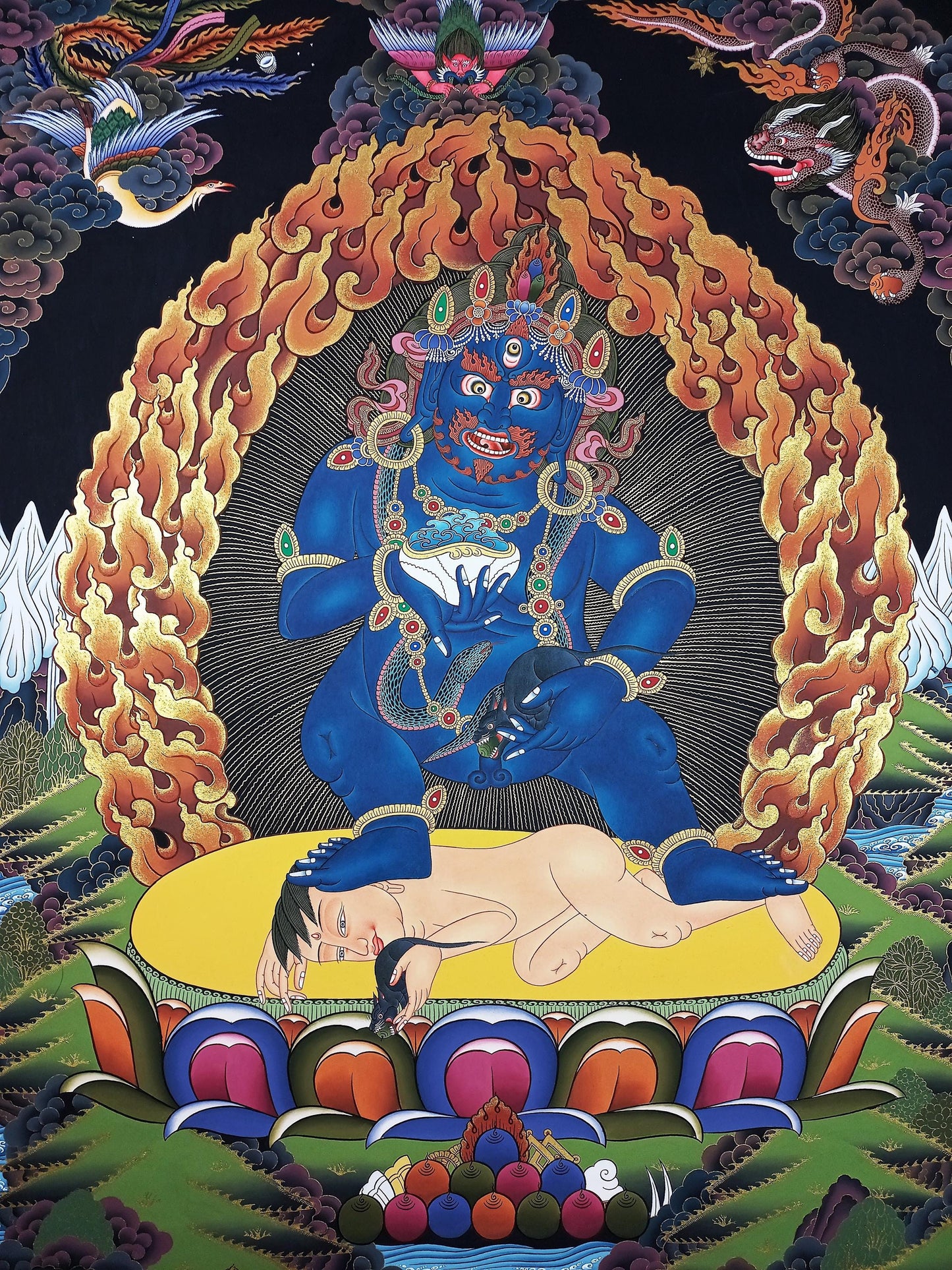 Hand Painted Black Jambhala Thangka – Tibetan God of Wealth Painting