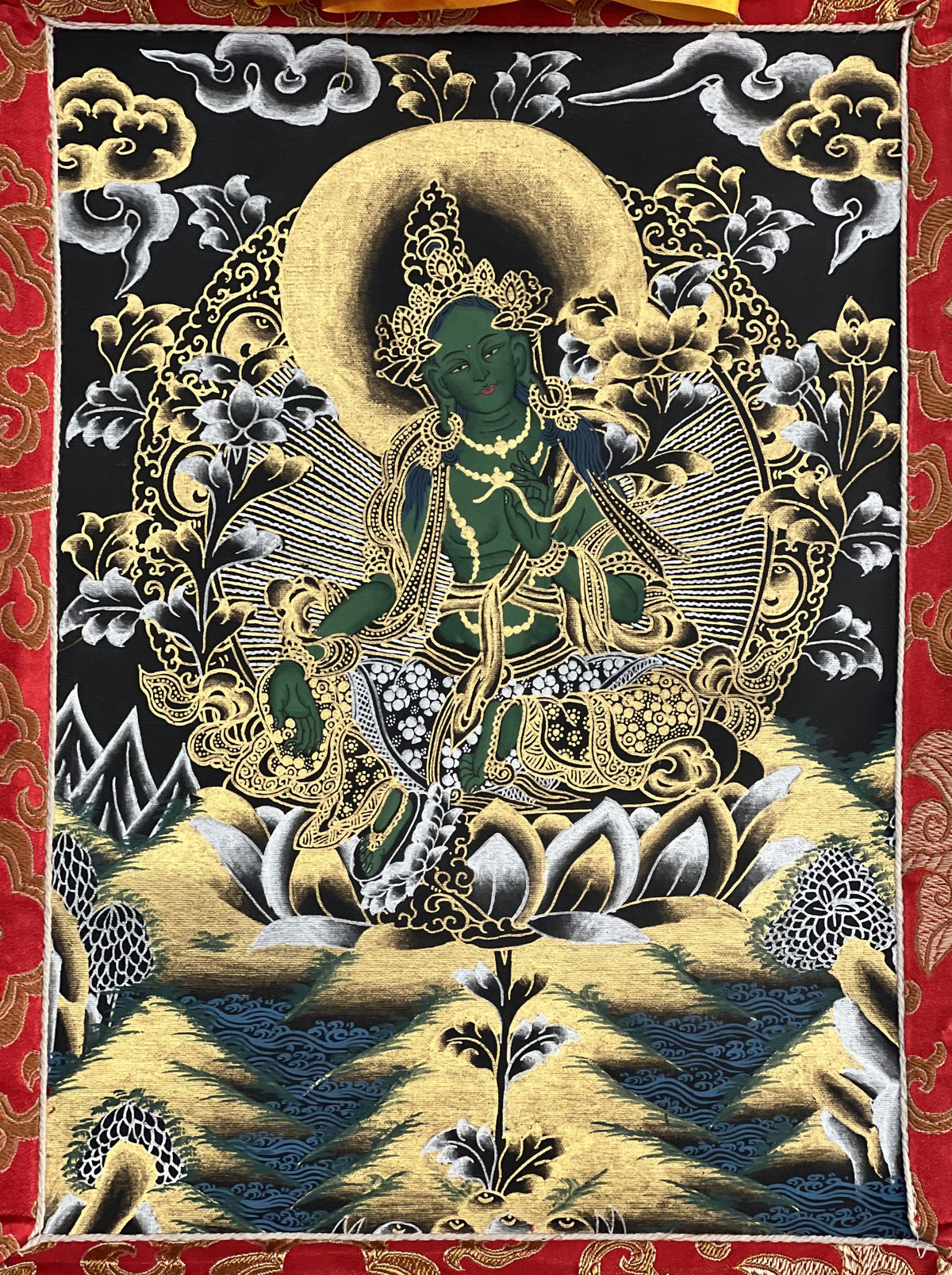 Green Tara Tibetan Thangka Painting, Buddhist Art with Silk Frame