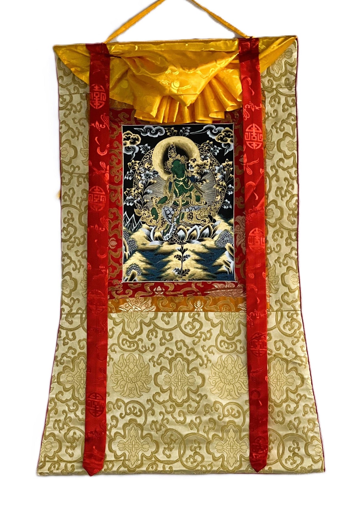 Green Tara Tibetan Thangka Painting, Buddhist Art with Silk Frame