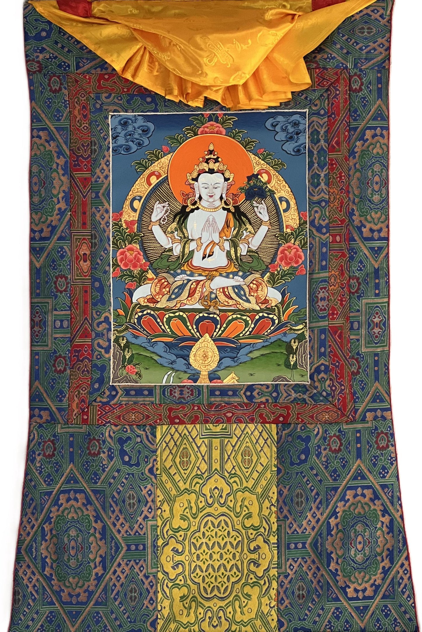 Hand-Painted Chenrezig Thangka | Avalokiteshvara Tibetan  Art with Khadi Silk Brocade