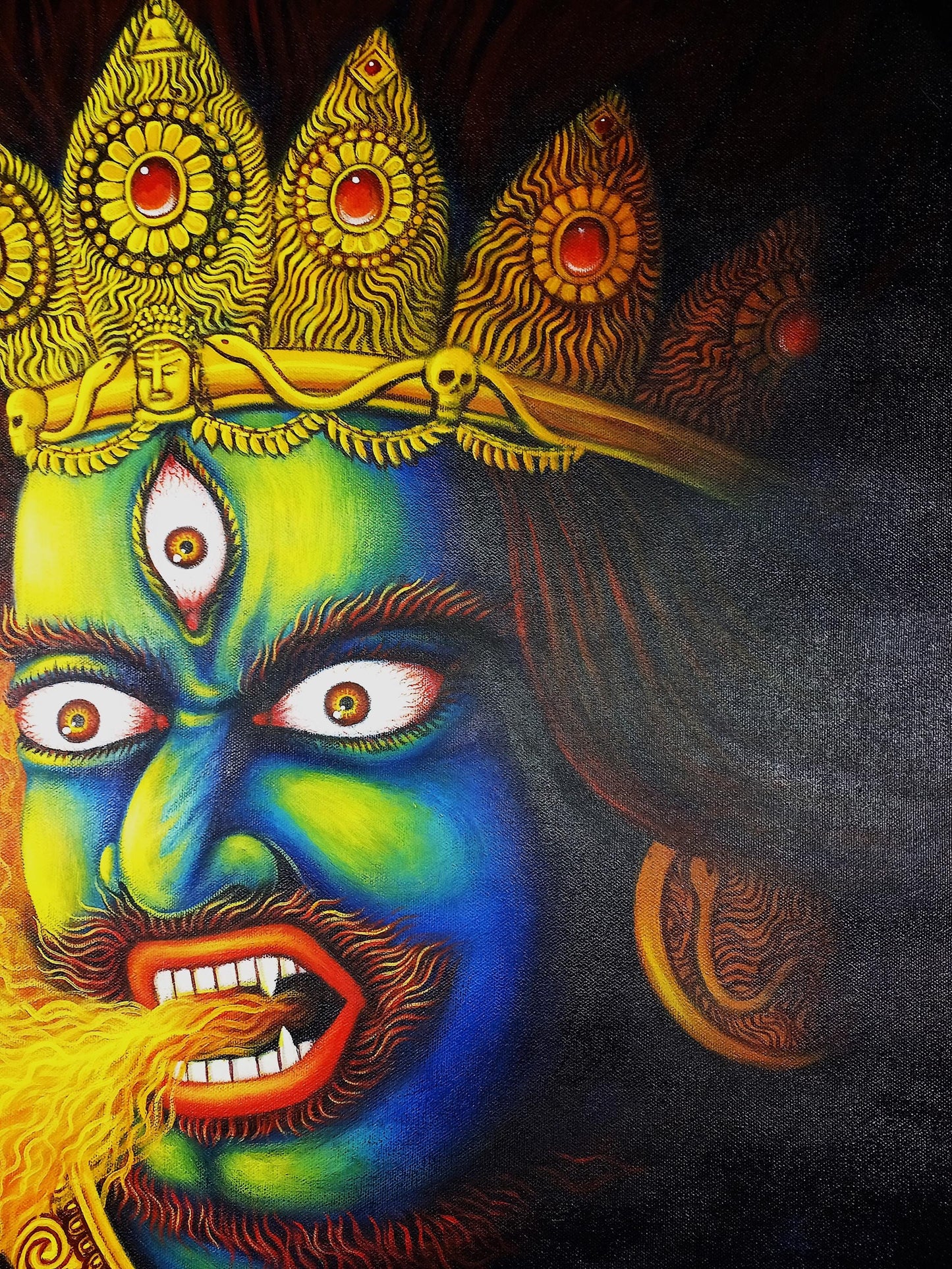 Hand-Painted Bhairava Face Acrylic Painting, Hindu Art (25x30 Inches)