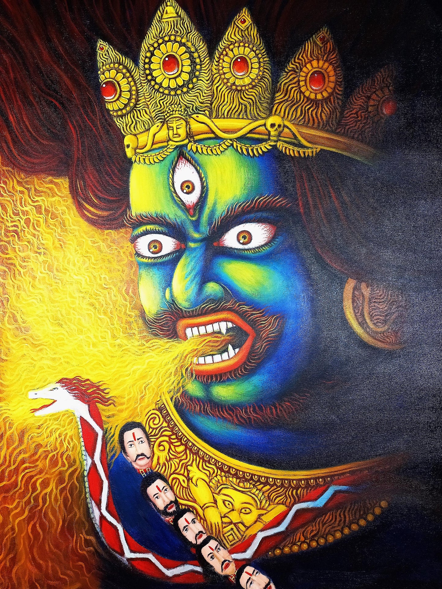 Hand-Painted Bhairava Face Acrylic Painting, Hindu Art (25x30 Inches)