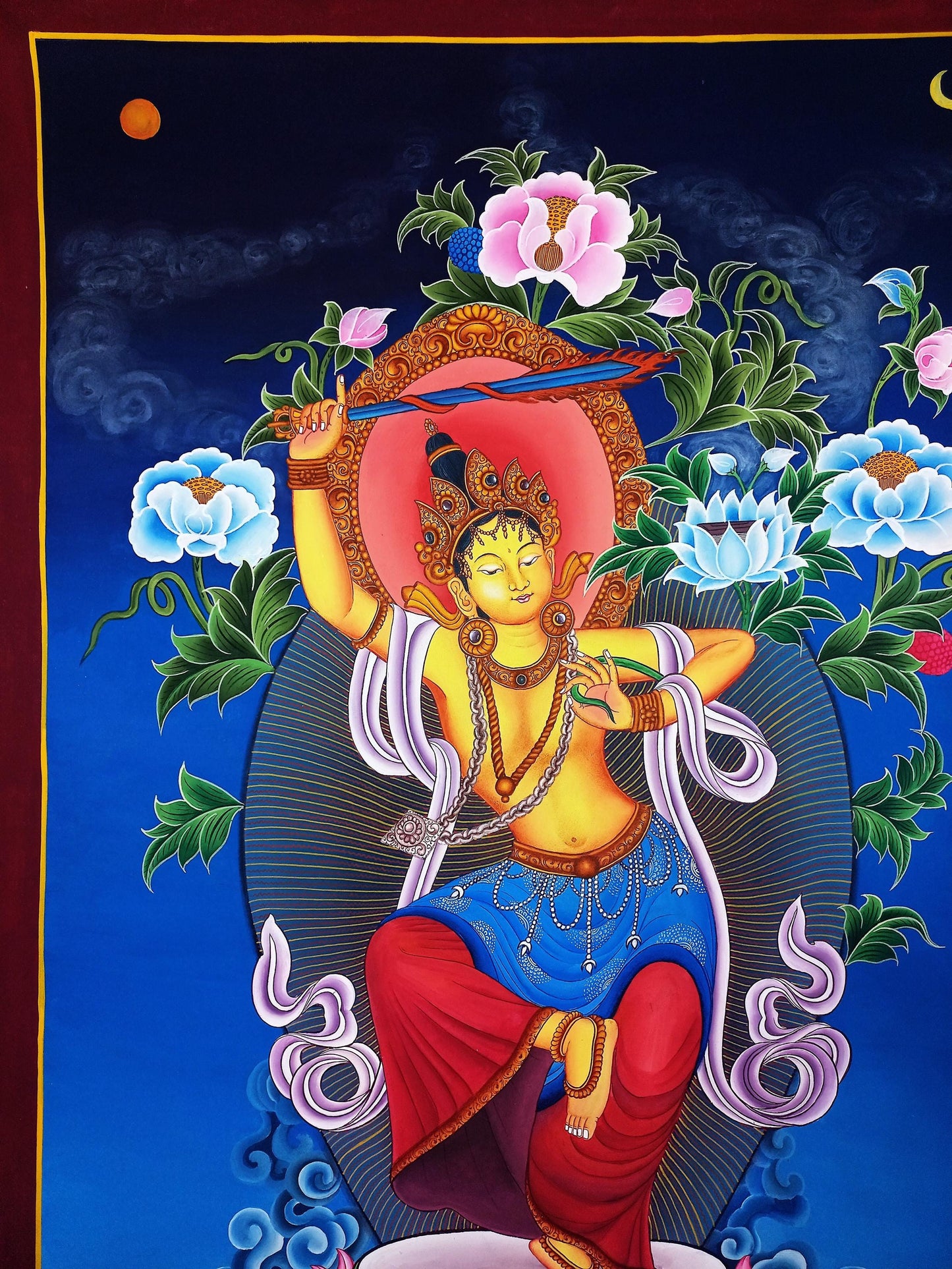 Hand-Painted Manjushree Thangka Painting, Tibetan God of Wisdom
