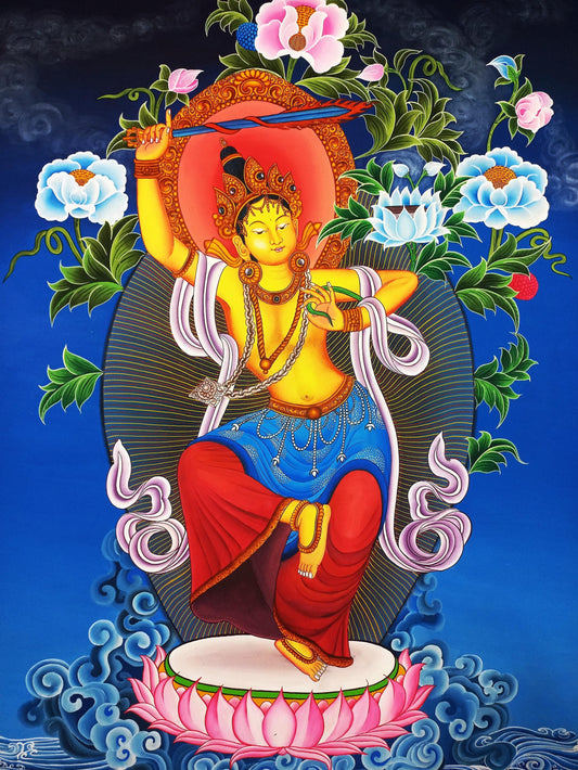 Hand-Painted Manjushree Thangka Painting, Tibetan God of Wisdom
