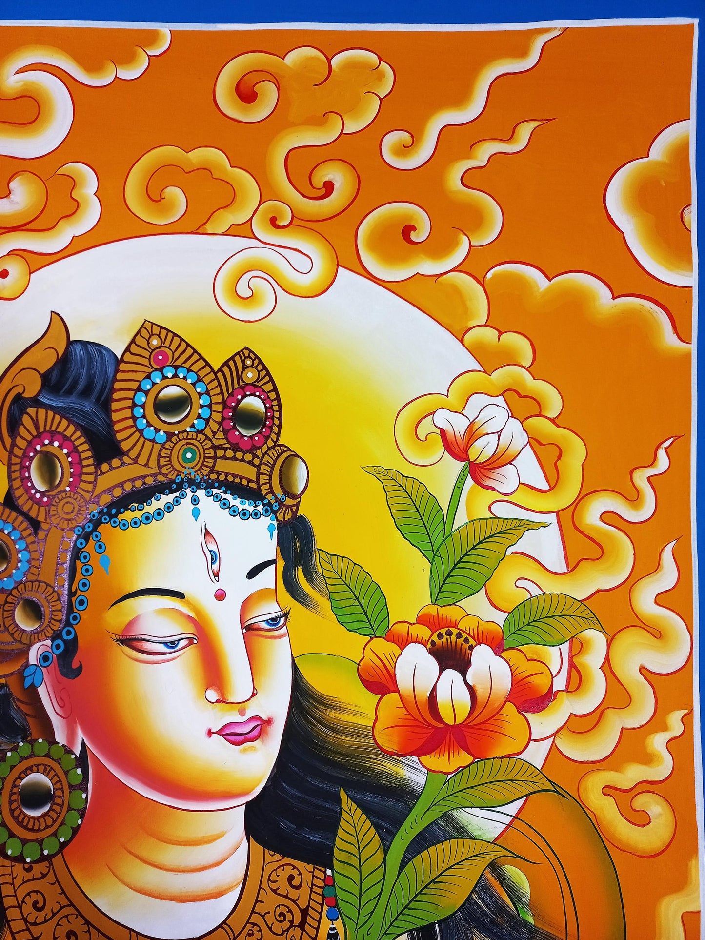 White Tara Painting, Newari Style Thangka, Handmade Cotton Canvas