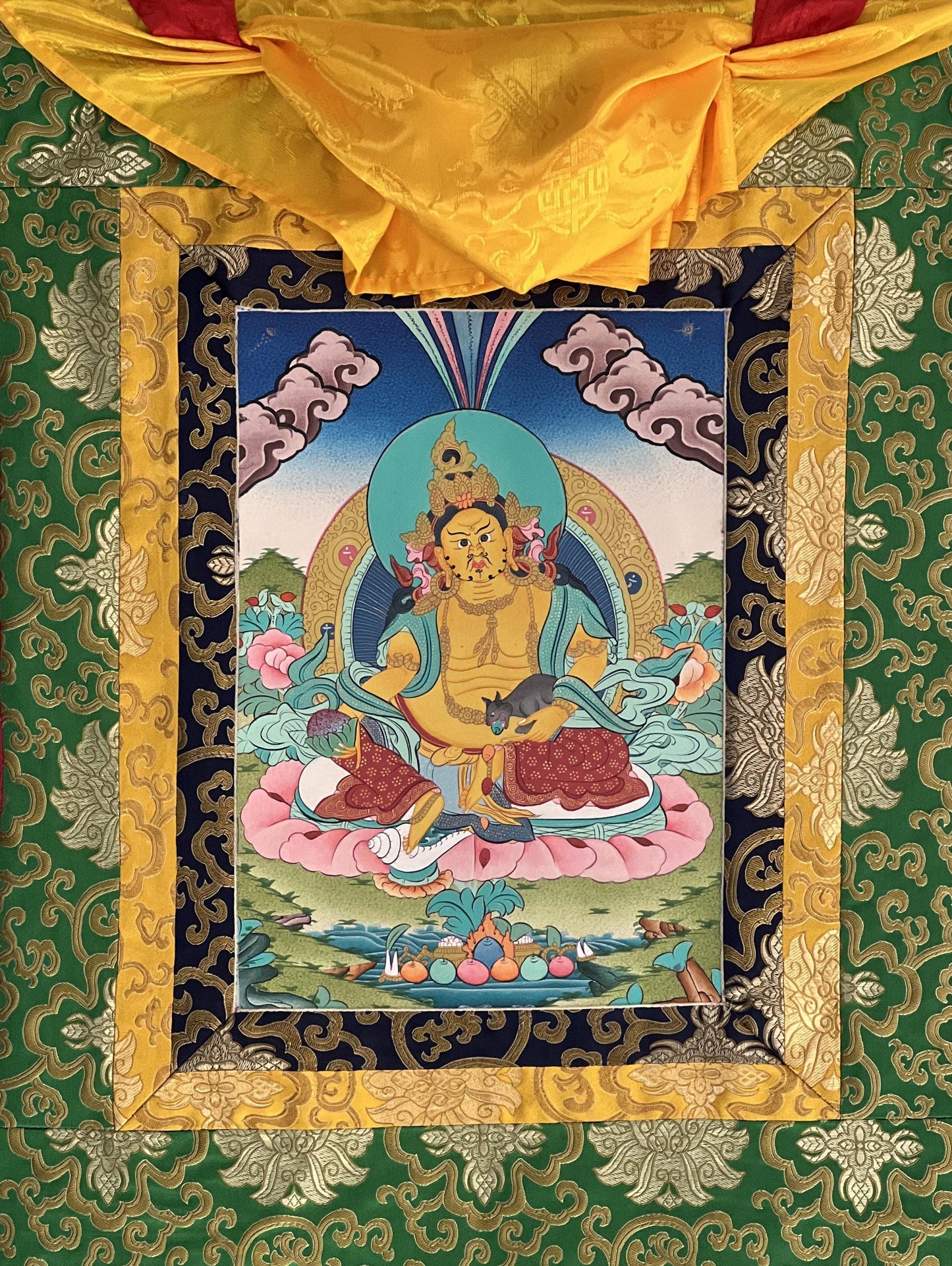 Hand-Painted Yellow Dzambhala Thangka with Silk Brocade