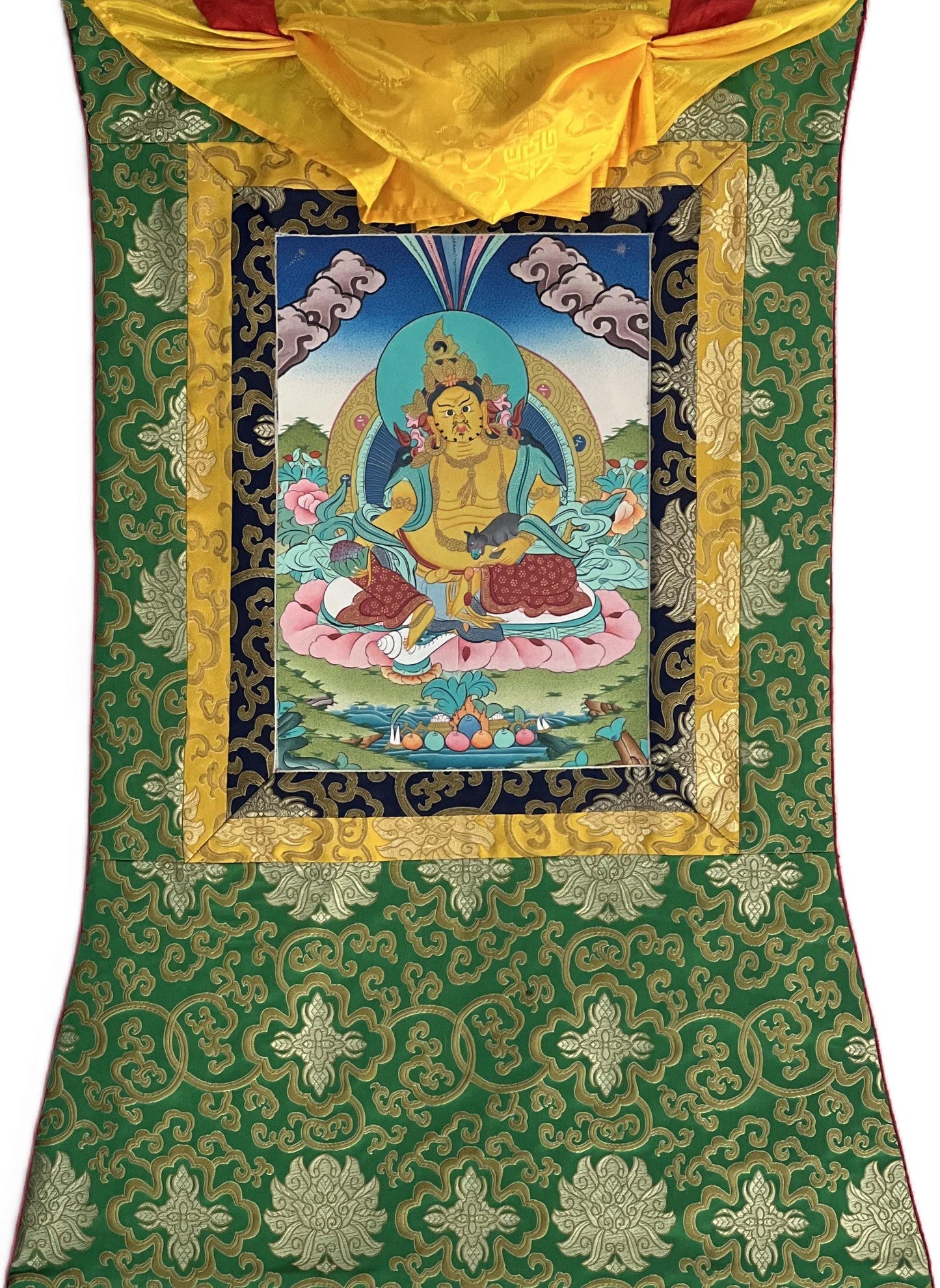 Hand-Painted Yellow Dzambhala Thangka with Silk Brocade
