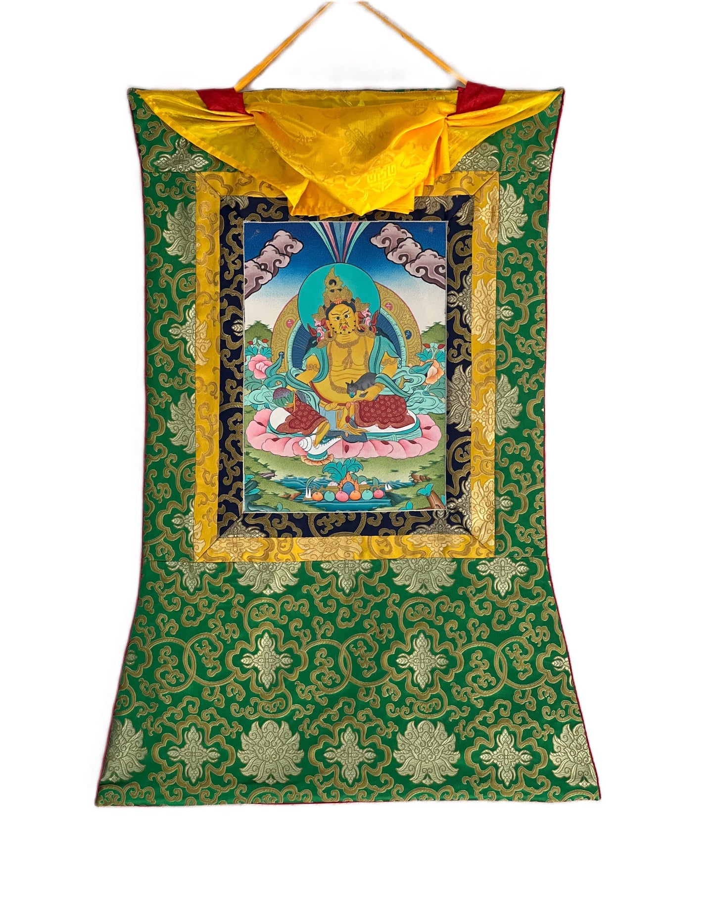 Hand-Painted Yellow Dzambhala Thangka with Silk Brocade