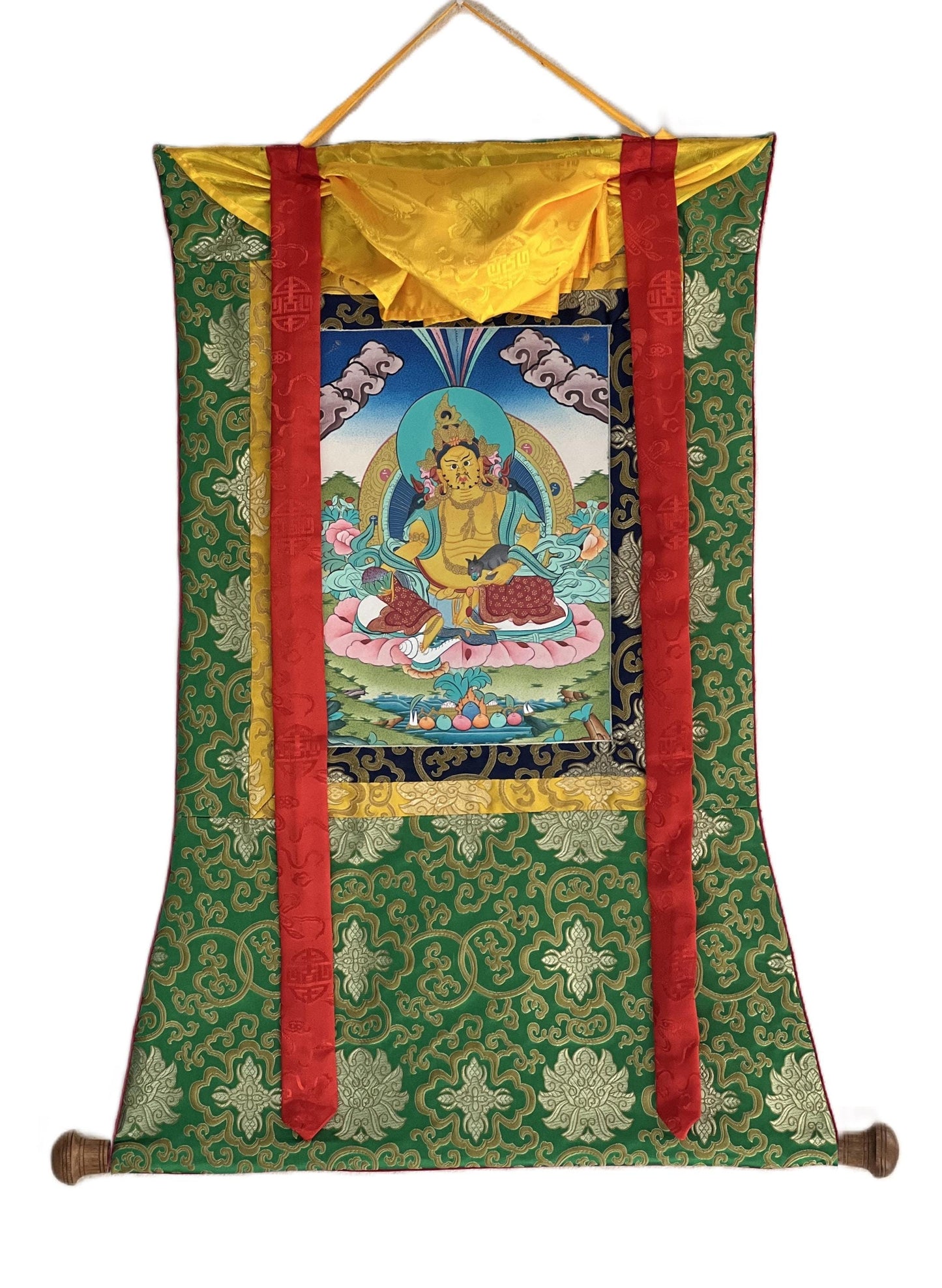 Hand-Painted Yellow Dzambhala Thangka with Silk Brocade