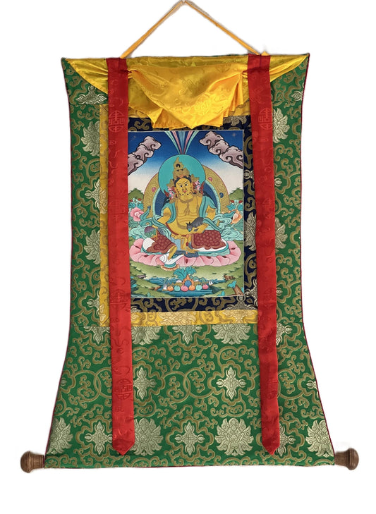 Hand-Painted Yellow Dzambhala Thangka with Silk Brocade