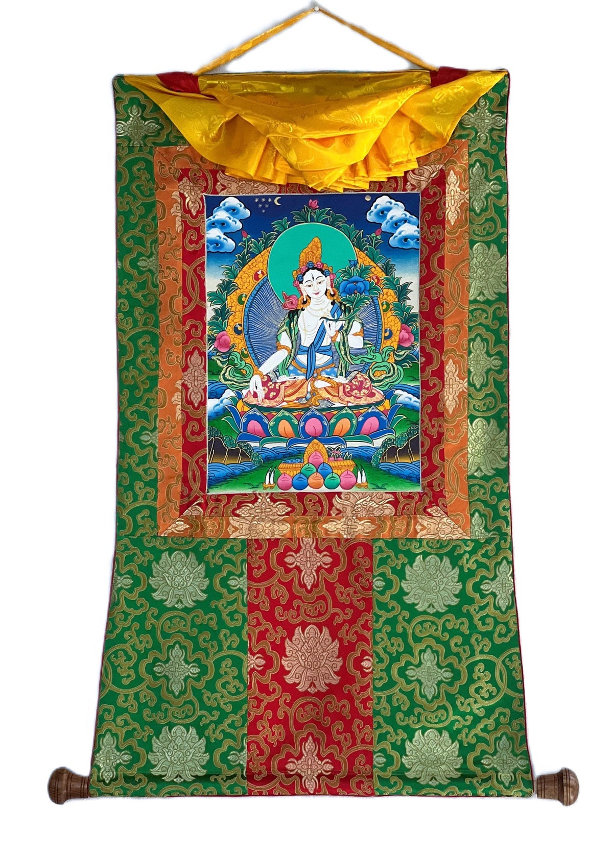 White Tara Thangka Painting, Hand-Painted Buddhist Art with Silk Brocade