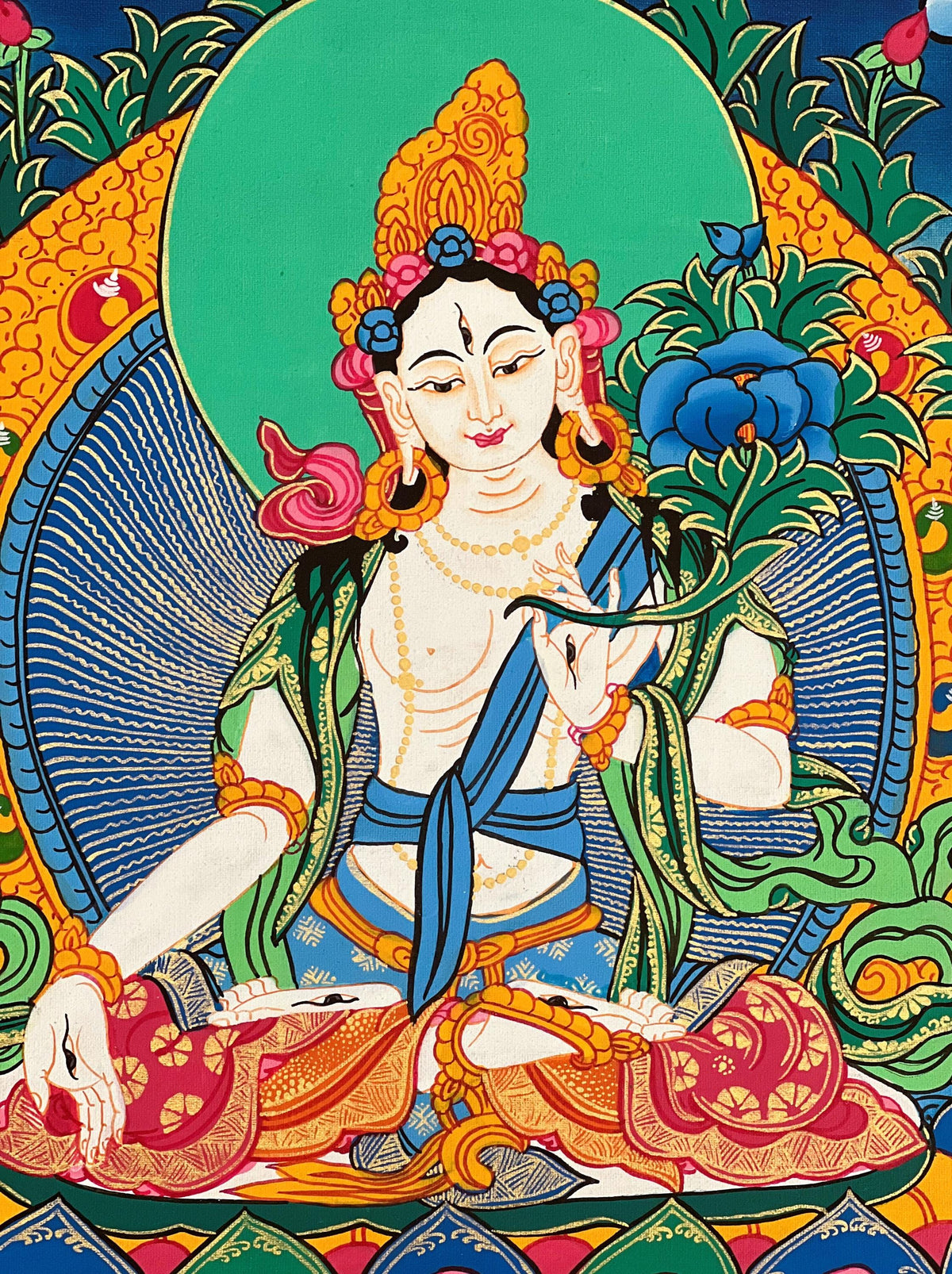 White Tara Thangka Painting, Hand-Painted Buddhist Art with Silk Brocade