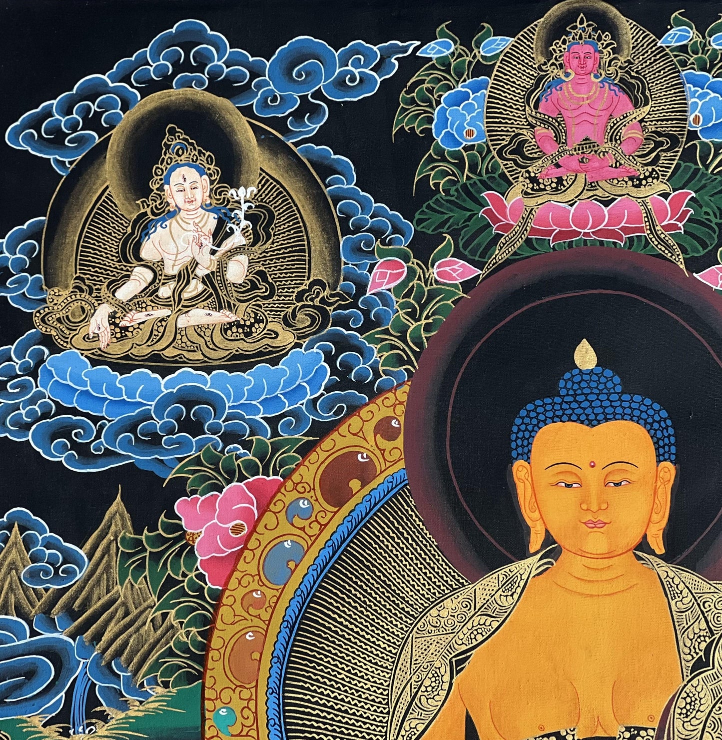 Hand-Painted Shakyamuni Buddha Thangka | Silk Brocade Framed Art